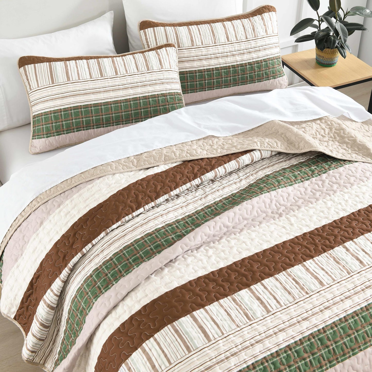 DJY Striped Quilt Set Queen Size, Boho Brown Green Striped Bedspread Coverlet Set Soft Microfiber Patchwork Quilt Bedding Set 3 Pieces for All Season(96"x90")