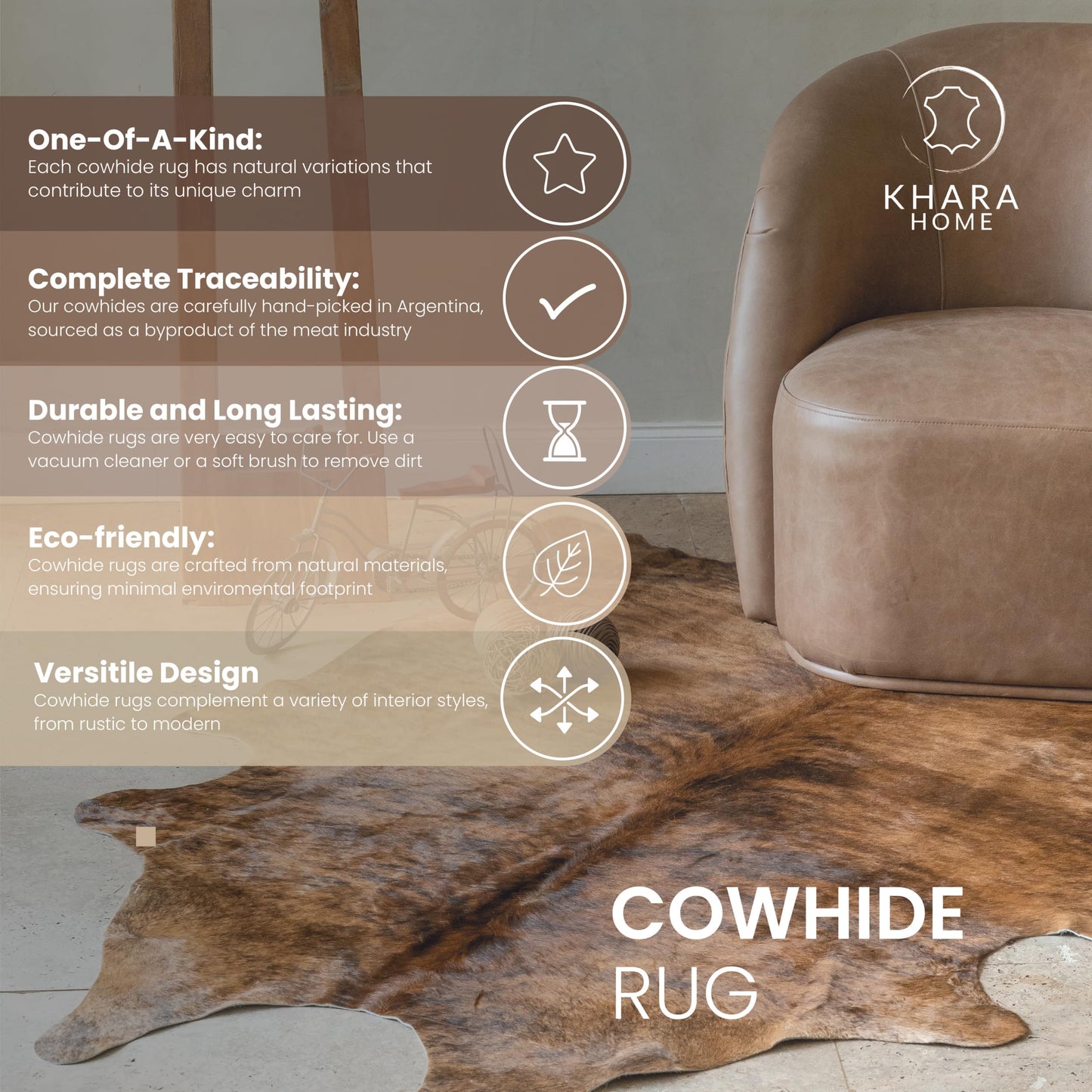 Khara Home Premium 100% Genuine Cowhide Rug Large 5x7 Ft Leather Area Rug for Living Room, Cozy, Unique, and Durable, Western Home Decor – from Argentina (Dark Brindle, 5 x 7)