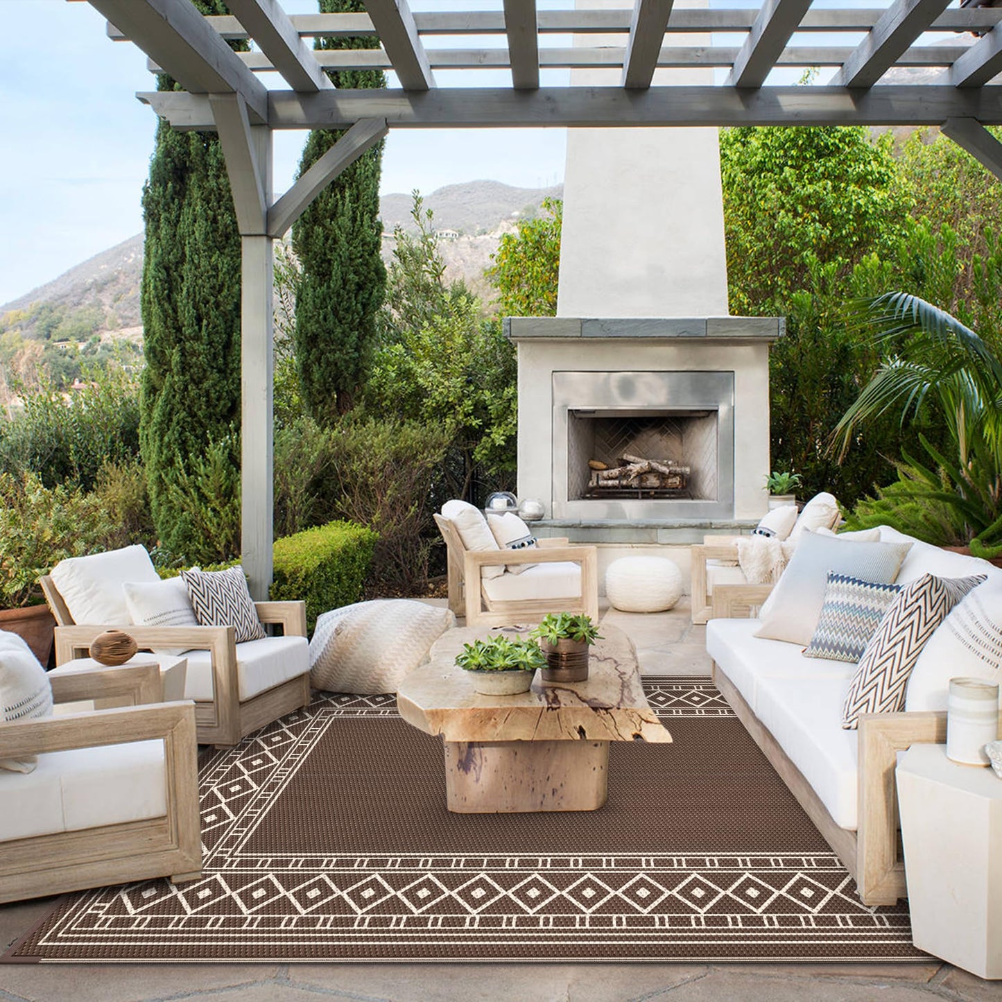 GENIMO Outdoor Rug Waterproof for Patio Decor, 5'x8' Reversible Plastic Straw Rug Carpet, Camping Mat for Outdoor, RV, Backyard, Deck, Balcony, Picnic, Beach, Coffee & Beige
