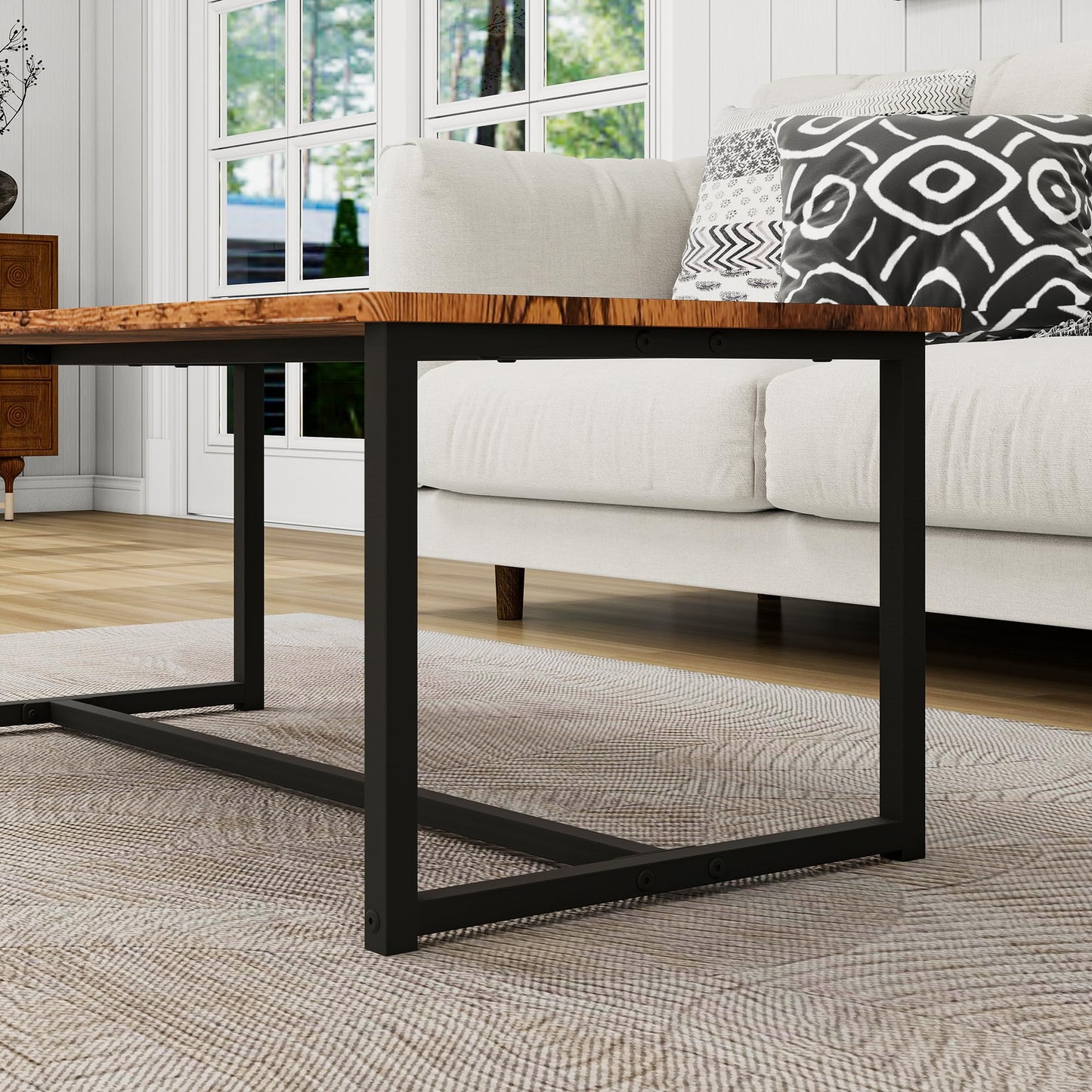 JUISSANO Coffee Table Rectangular Center Table for Living Room Open Space Side Table with Metal Frame, Easy Assembly, Black+ Rustic Brown Wood Coffee Table