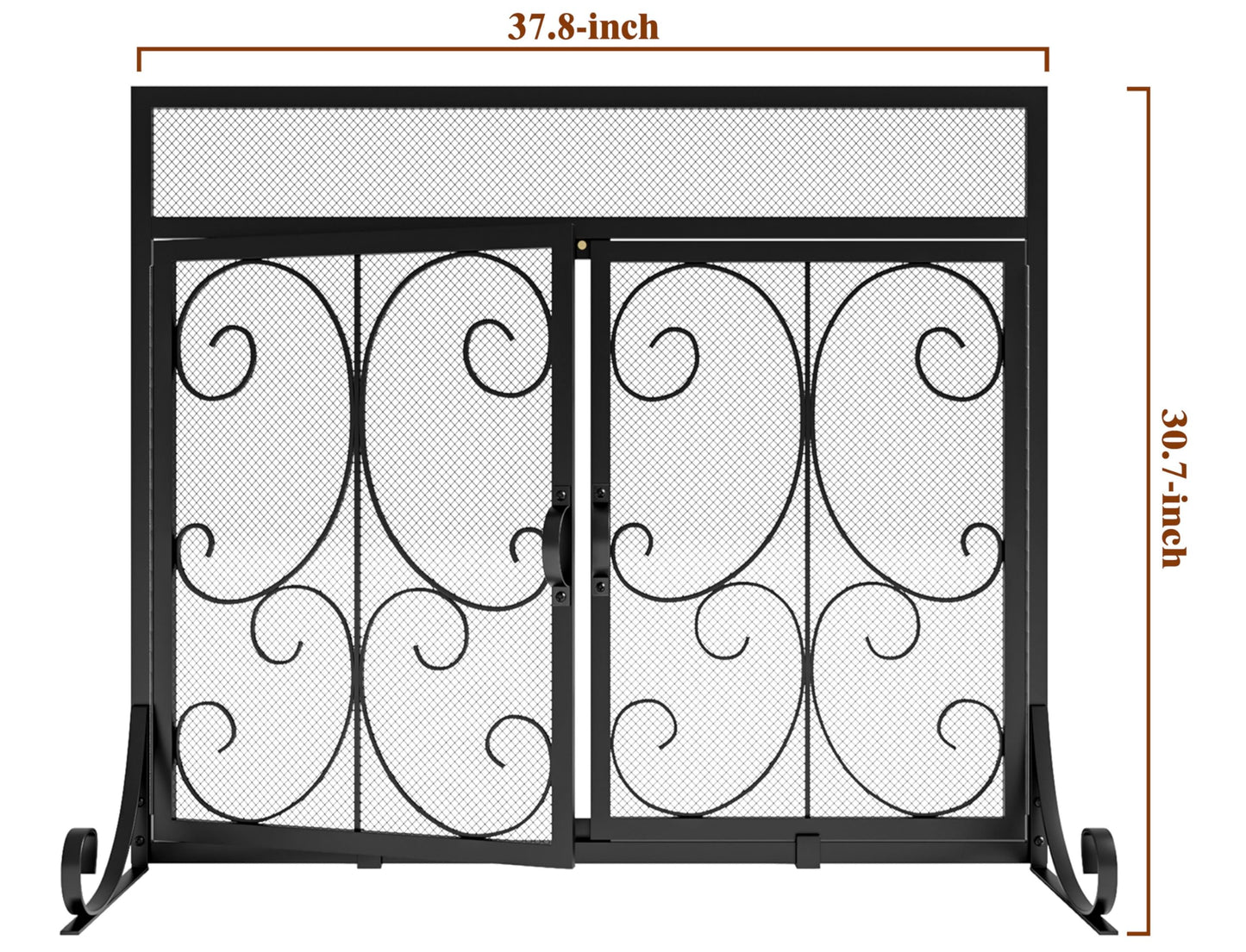 Calidola Large Flat Fireplace Screen with Doors, Wrought Iron Frame with Metal Mesh, Flat Panel Decorative Fireplace Screen with Scroll Design, Free Standing Spark Guard,Black