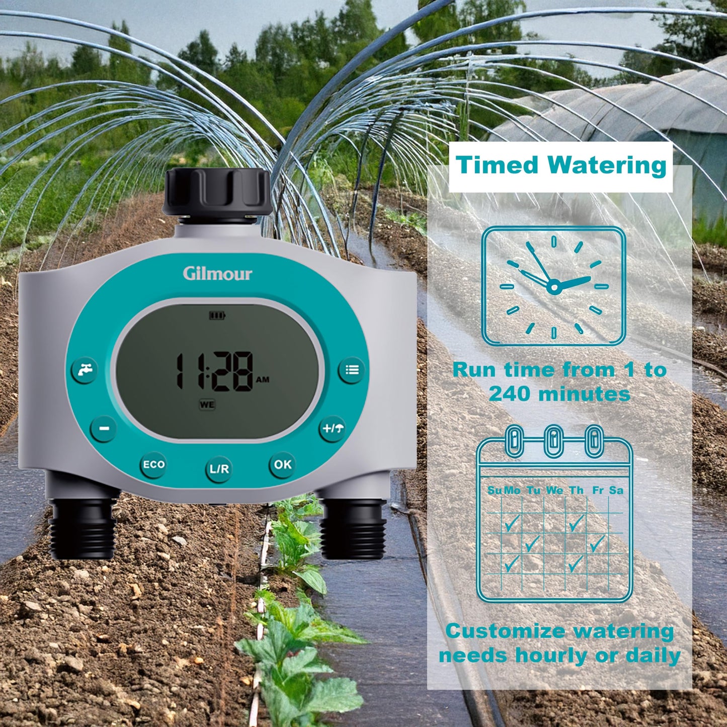 Gilmour Dual Outlet Water Timer for Garden Hose, Programmable Automatic Watering System, LCD Screen, Rain Delay, Battery Operated