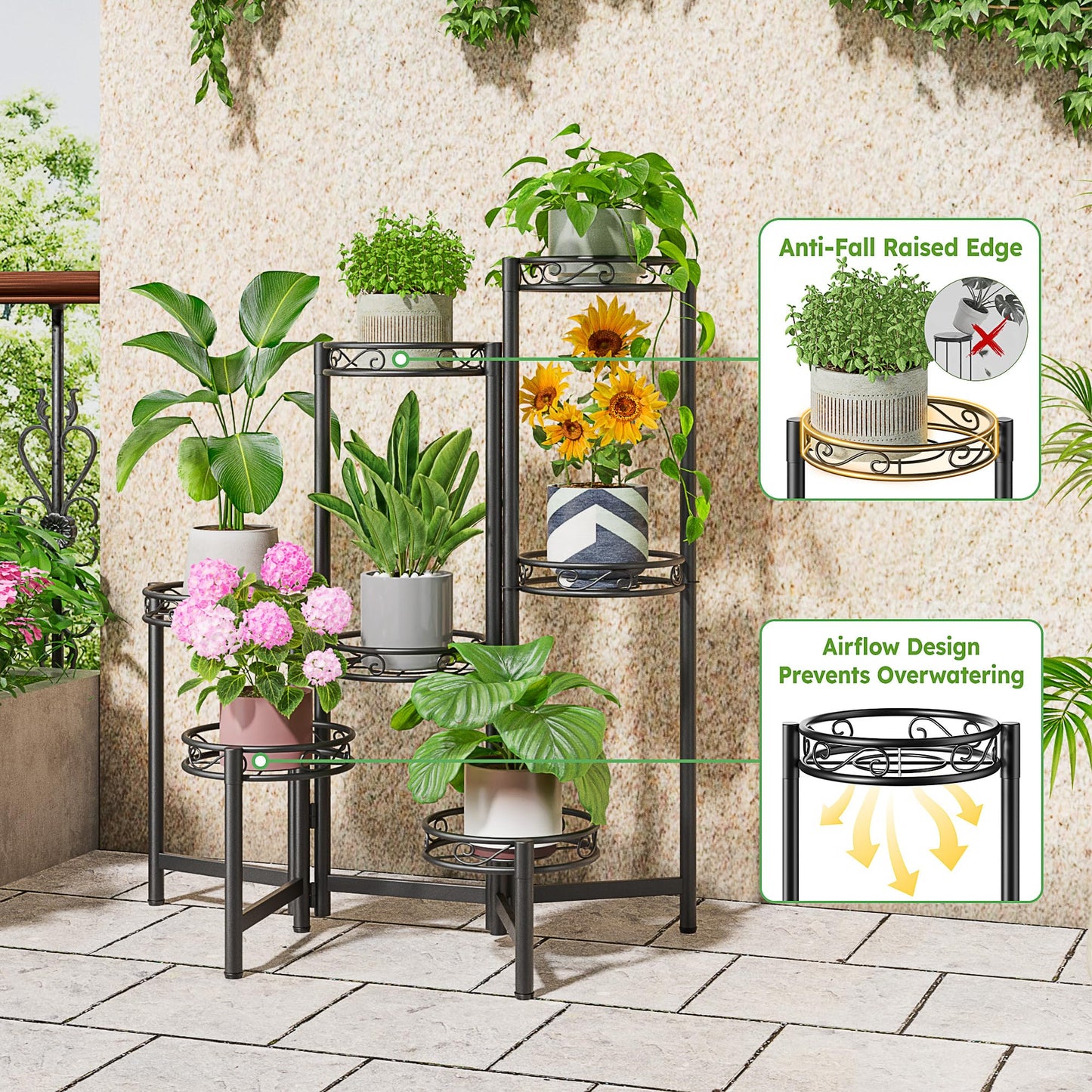 NQW 7 Tier Large Metal Plant Stand Indoor Outdoor with 7.9 Inch Wide Tray, Tiered Corner Plant Stand, Flower Display Holder Shelf, Folding Tall Rack for Patio Porch Balcony Living Room Garden - BlackWave