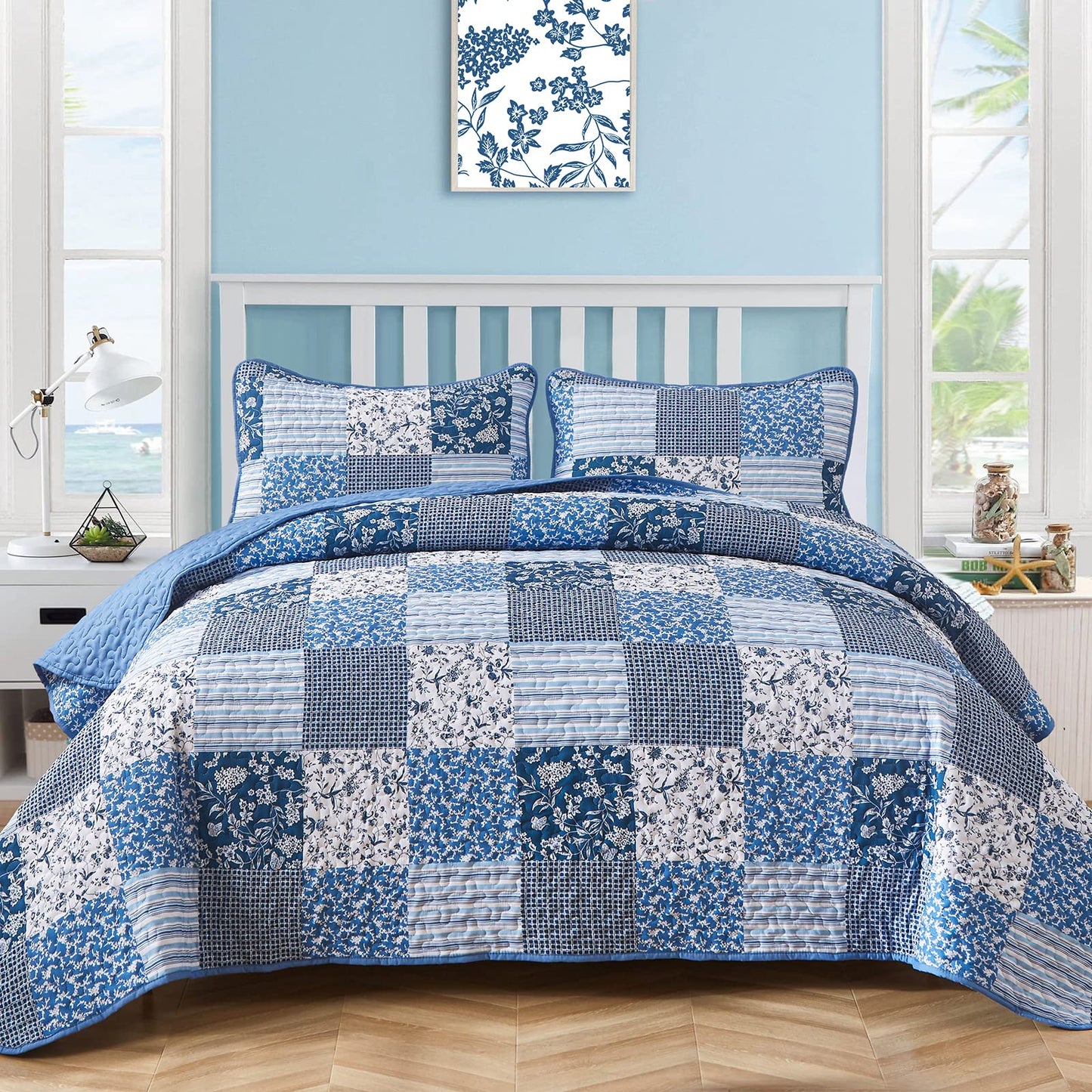 Mybedsoul Blue Boho Quilt Set Queen Size,3 Pieces Plaid Floral Bedspread Coverlet Set for All Season,Patchwork Reversible Bedding Set Queen 90"x96"