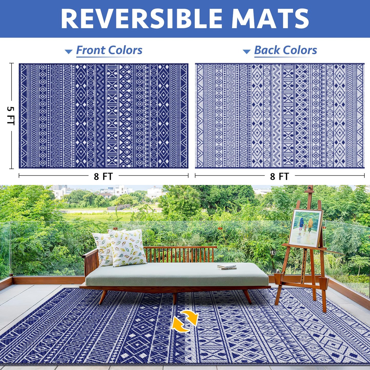 StepLively Outdoor Rug 5x8 ft, Reversible Waterproof Outdoor Plastic Straw Rug, Patio Rug Waterproof, Outdoor Large Area Rug for RV, Camping, Garden, Porch, All-Weather & Easy to Clean(Blue)