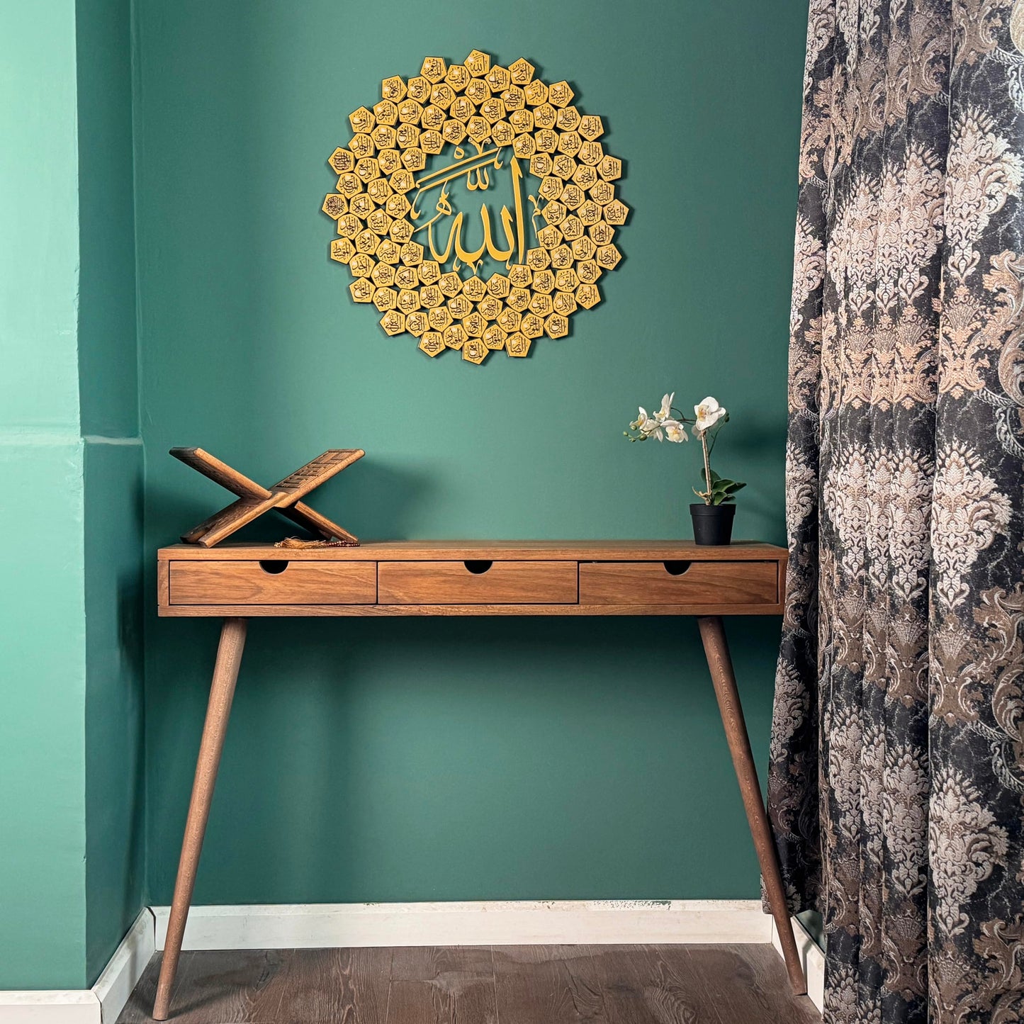 iwa concept 99 Names of Allah Asma-ul Husna, Islamic Wall Art, UV Printed Metal Wall Decor, Islamic Calligraphy, (Small, Gold)