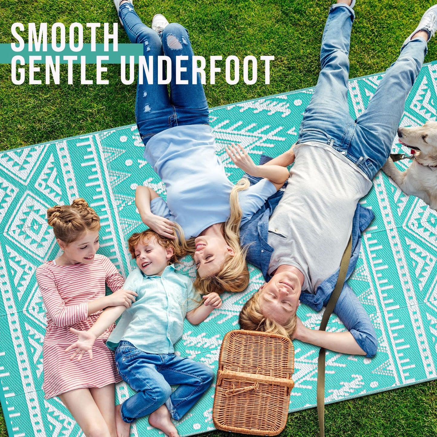 OLANLY Outdoor Rug Waterproof 8x10 ft, Reversible Outdoor Plastic Straw Rug, Boho Patio Rug, Indoor Outdoor Carpet, RV Mat Outside for Patio, Camp, Picnic, Balcony, Deck, Backyard, Turquoise & White