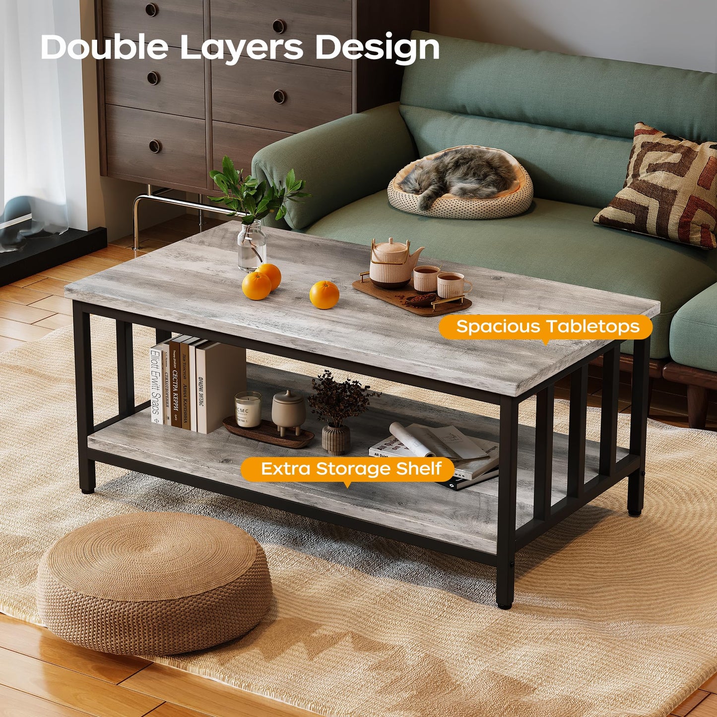 Homeiju Coffee Table for Living Room with Slatted Sides Frame, Modern Farmhouse Living Room Table with 2-Tier Storage Shelf for Home Office, Apartment, 39 inch Grey Wash
