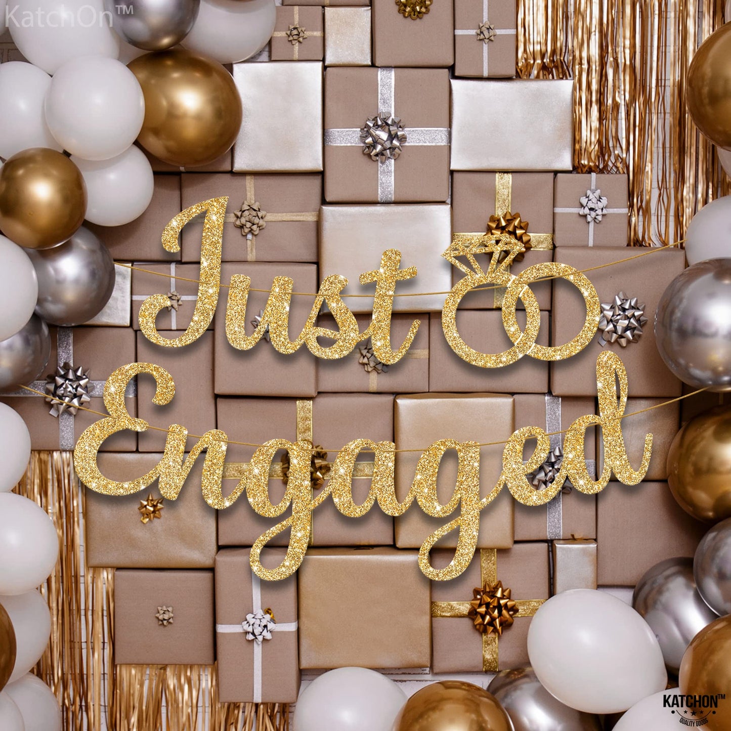 KatchOn, Glitter Gold Just Engaged Banner - 10 Feet, No DIY | Engagement Banner for Just Engaged Decorations | Engagement Party Decorations | Just Engaged Decorations