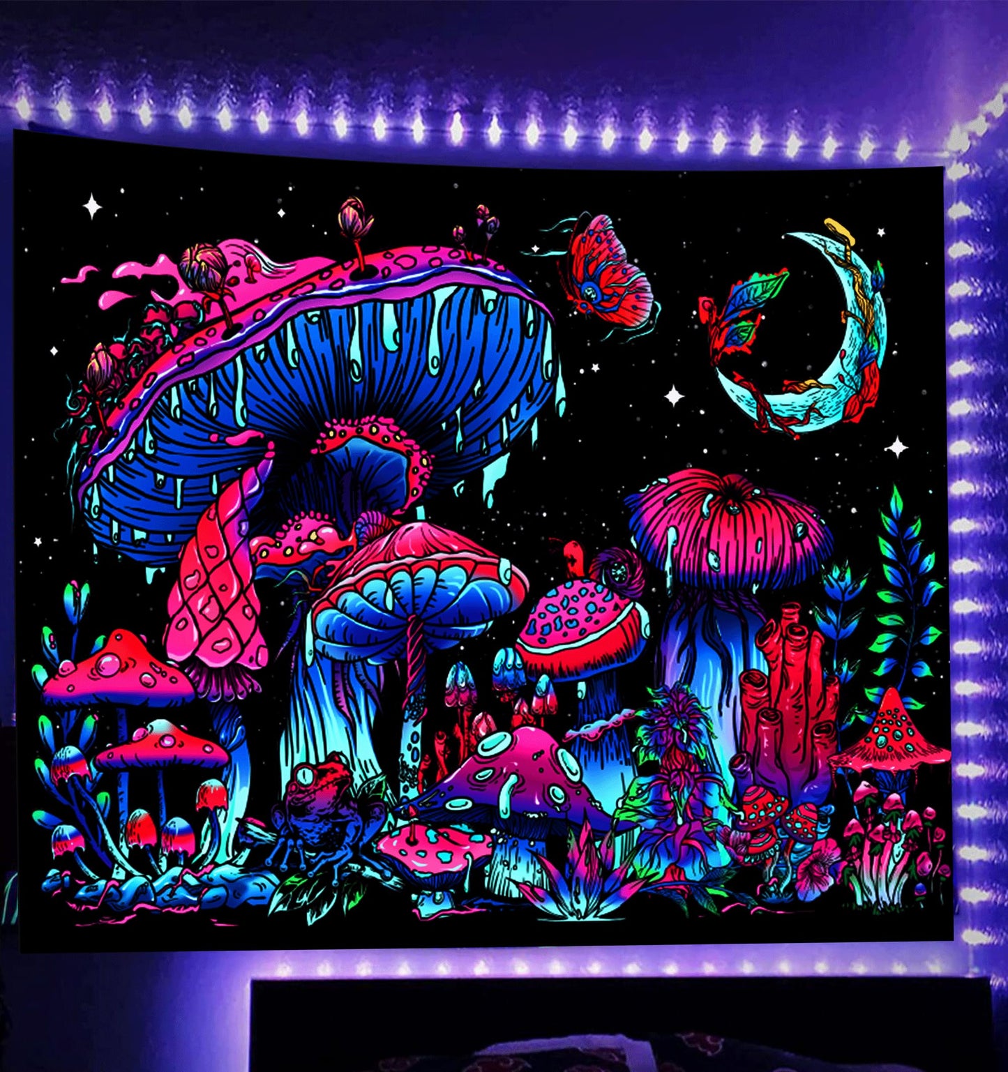 TUGCAY Blacklight Mushroom Tapestry, Glow In The Dark Tapestry Black Light Plant Fantasy UV Reactive Mushroom Butterfly Moon Tapestries Posters Wall Hanging for Bedroom Dorm Decor(50"x60")