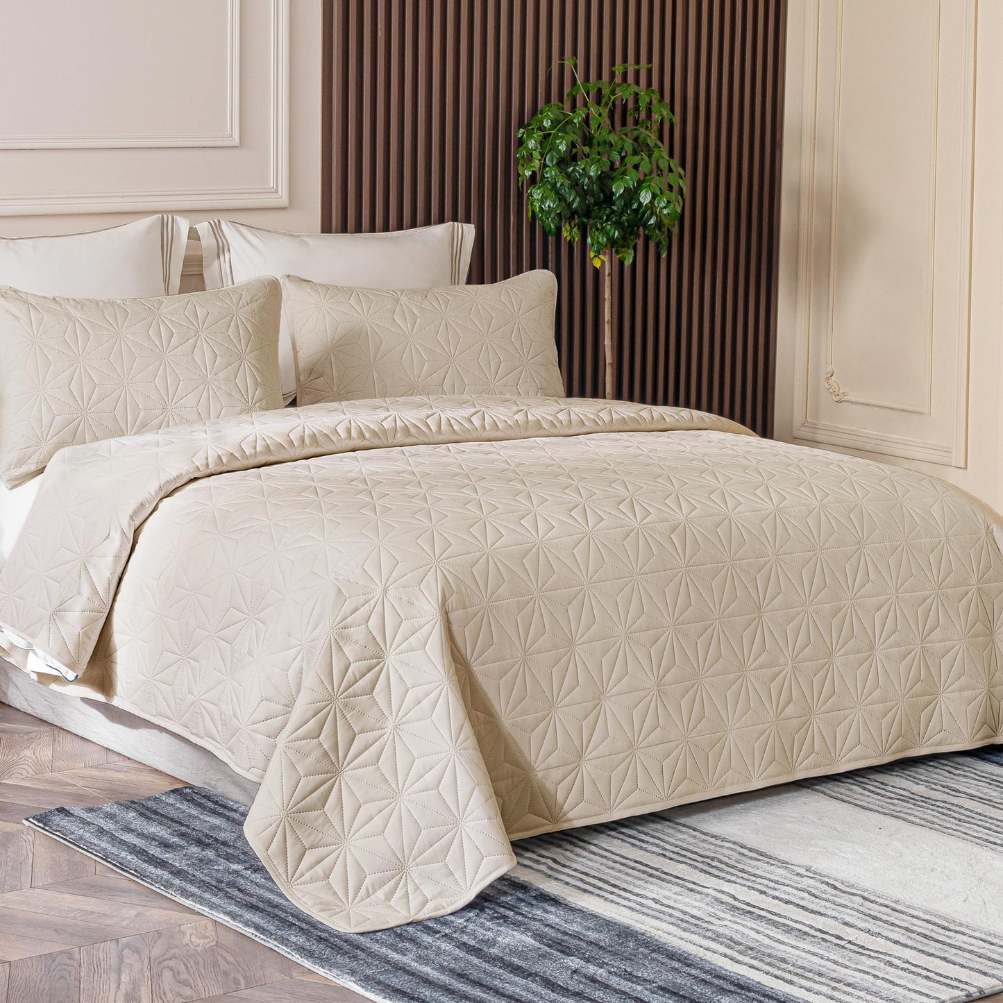 Whale Flotilla Queen Quilt Bedding Set, Soft Brich Beige Bedspreads Quilts Queen Full Size for All Seasons, 3 Pieces Lightweight Geometric Star Pattern Coverlet