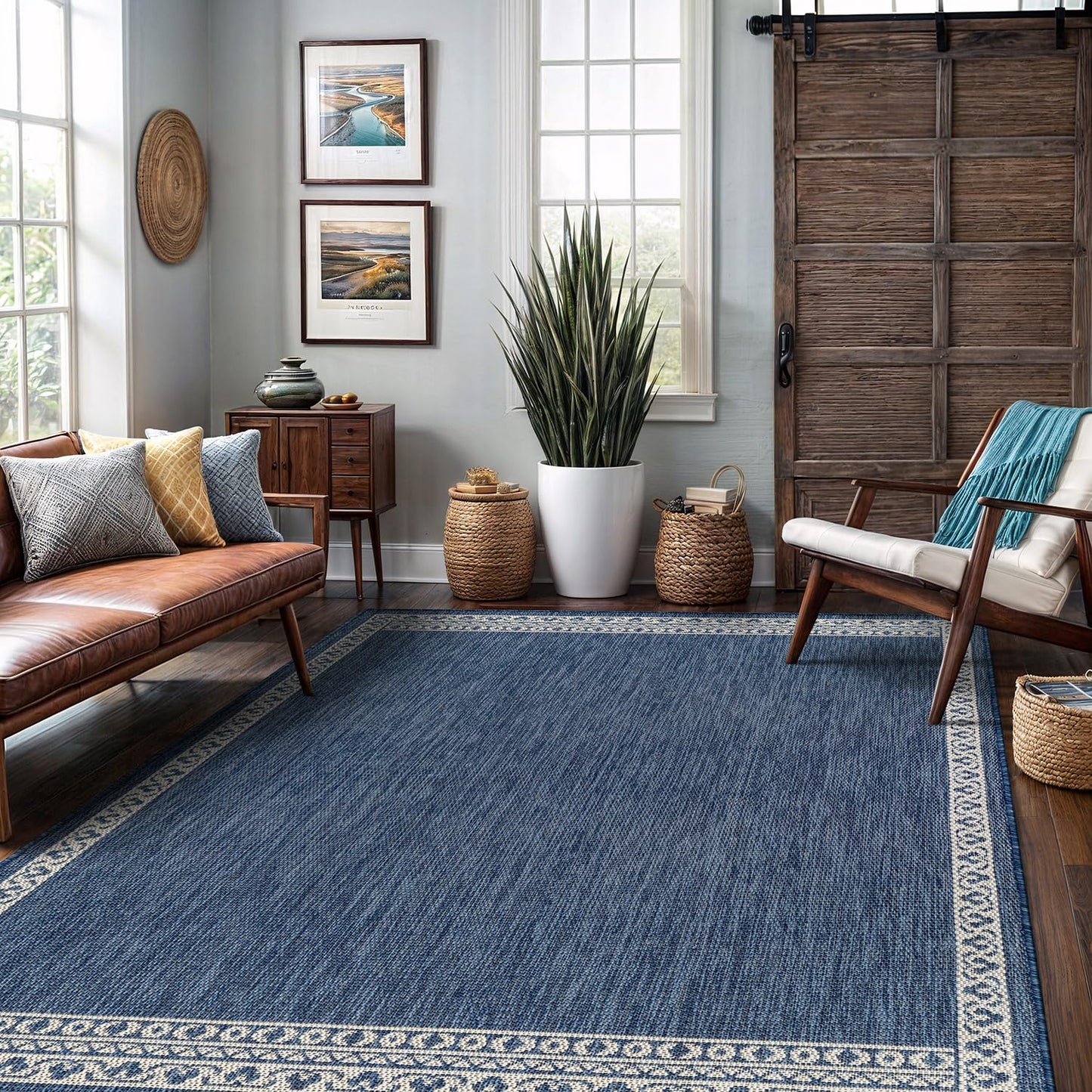 Washable Outdoor Rug 6x9 Modern Area Rugs Outdoor Carpets Bordered Pattern Non Shedding Waterproof Easy Clean Patio Deck Porch Living Room Bedroom Garden RV (6 X 9 Blue)