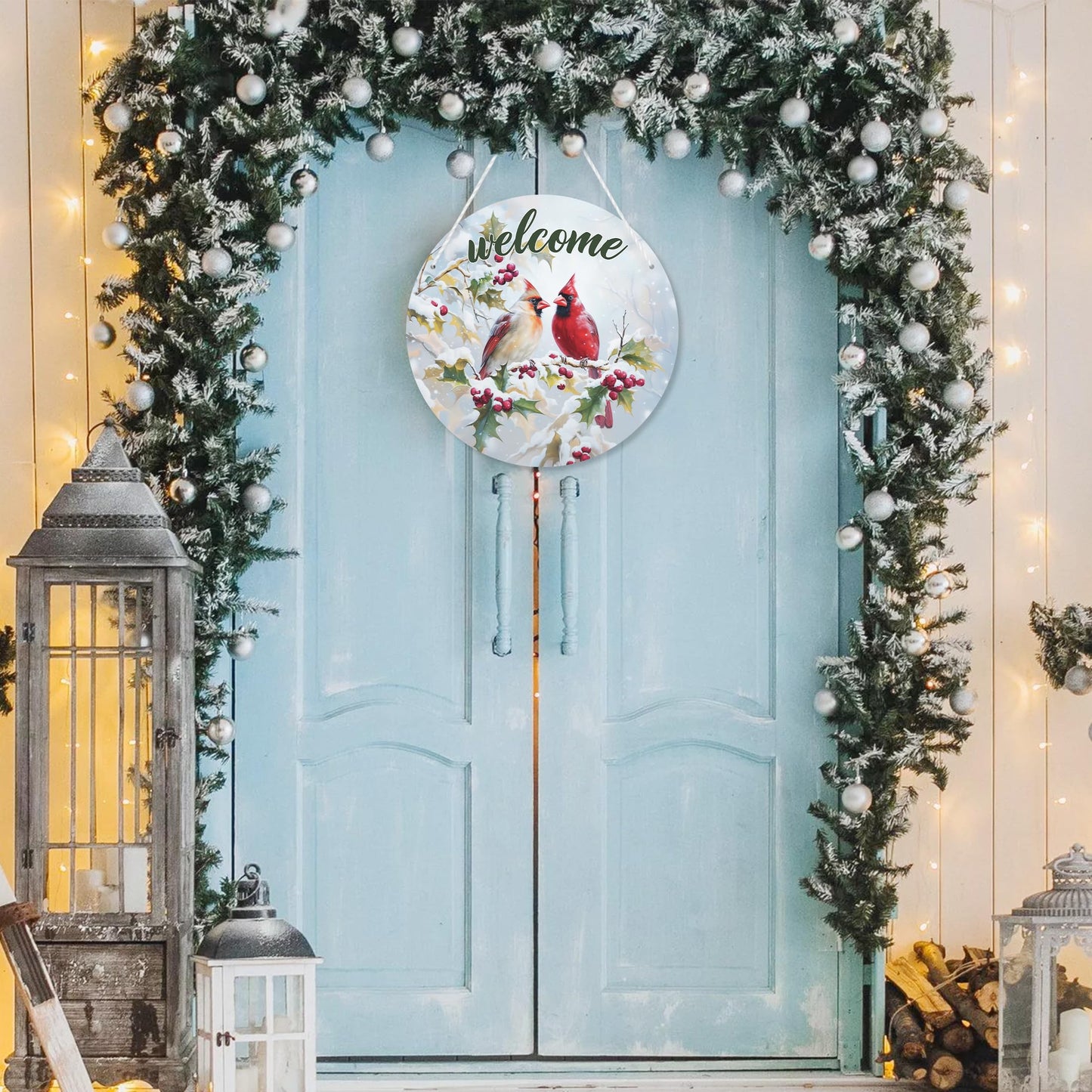 1 Pcs Winter Welcome Cardinal Bird Front Door Sign, Christmas Cardinal Bird Round Hanging Sign, Twig Berry Snow Outdoor Porch Home Wall Patio Garden Farmhouse Holiday Decor, 11 x 11 inches