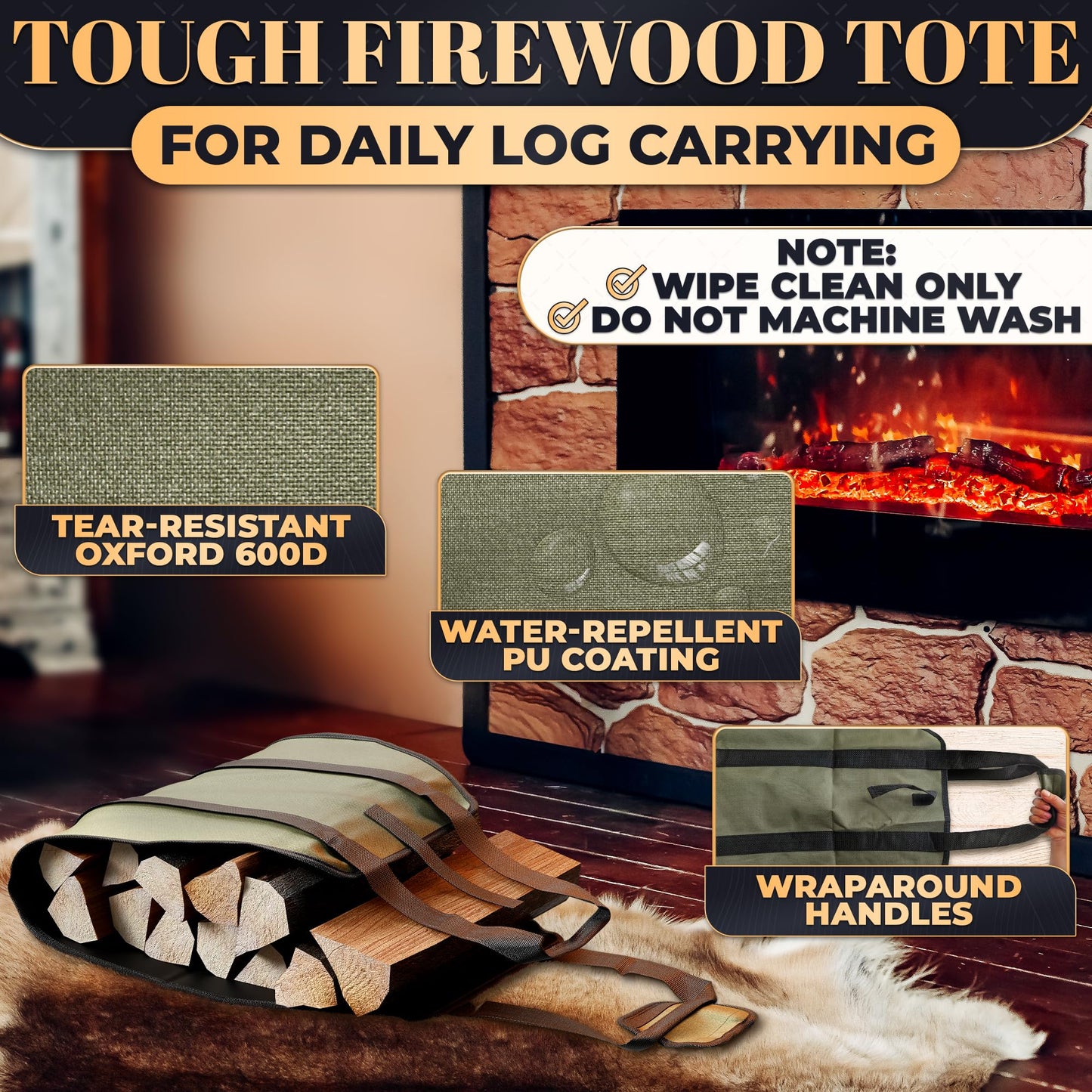 Firewood Carrier Bag 39.4"×18.5" – Waxed Canvas Wood Carrier for Firewood with Reinforced Handles, Hook-and-Loop Grip & Center Strap, Water-Resistant Design with Dust-Blocking Liner | Good for Gifting