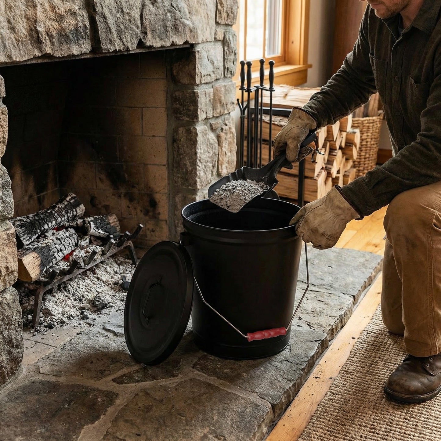 Home-Complete 4.75 Gallon Black Ash Bucket with Lid and Shovel-Essential Tools for Fireplaces, Fire Pits, Wood Burning Stoves-Hearth Accessories