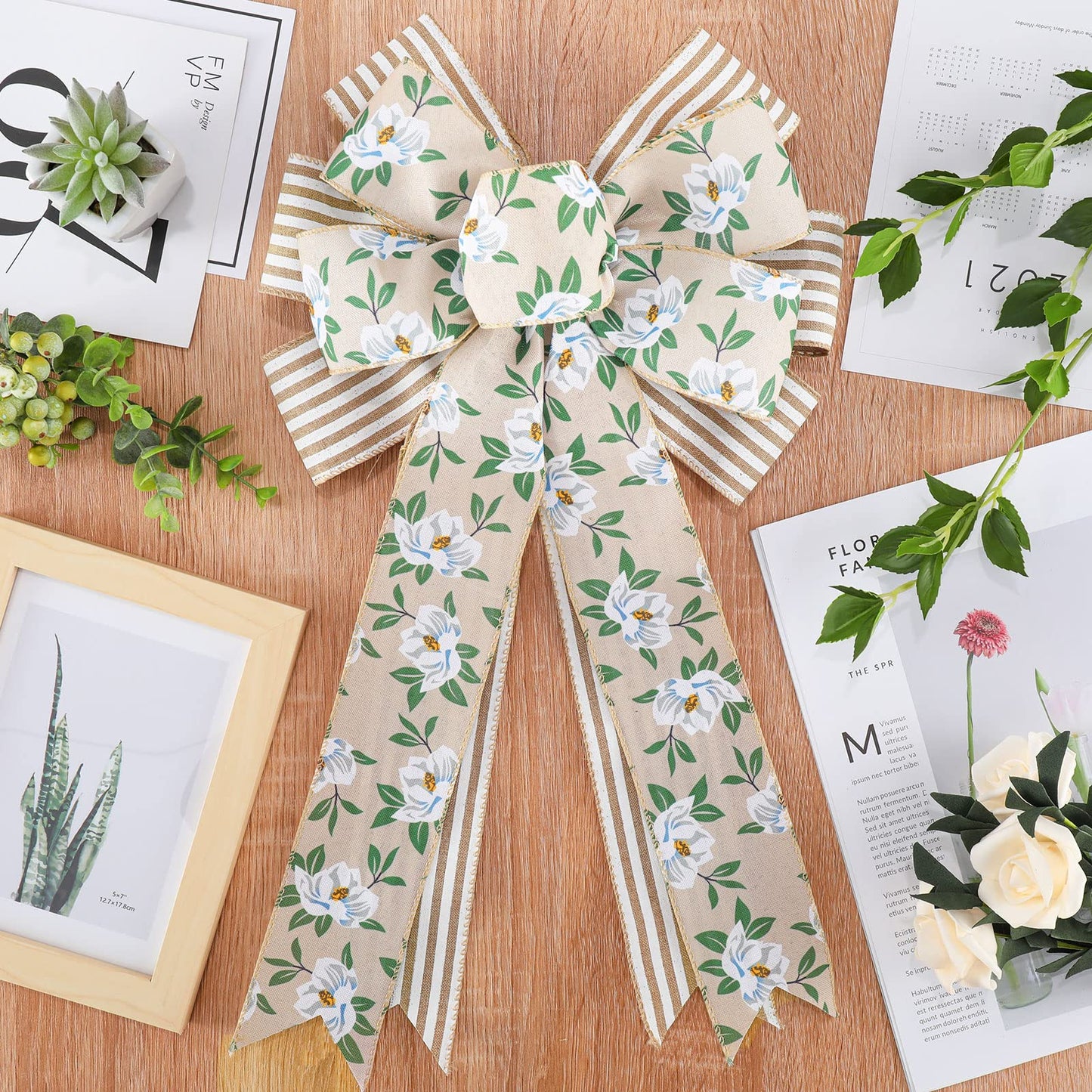 Whaline 2 Pack Spring Flower Wreath Bow Magnolia Floral Rustic Burlap Wired Edge Bow 11 x 21 Inch Large Spring Summer Farmhouse Wreath Bows Decor for Indoor Outdoor Wall Home Party Decoration