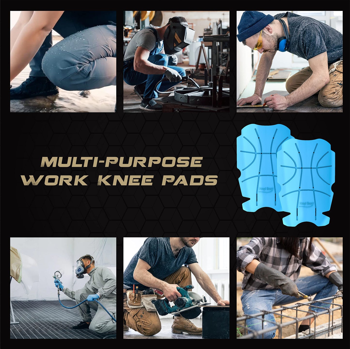 Hmyl Easy Breathable Pocket Knee Pad Insert for Work Pants/Bibs, Uniforms, and Tactical Pants, Men’s Heavy Duty Pocket Knee Pads for Construction, Flooring, and Garage, 11.5''×7.9''×0.45'', Blue