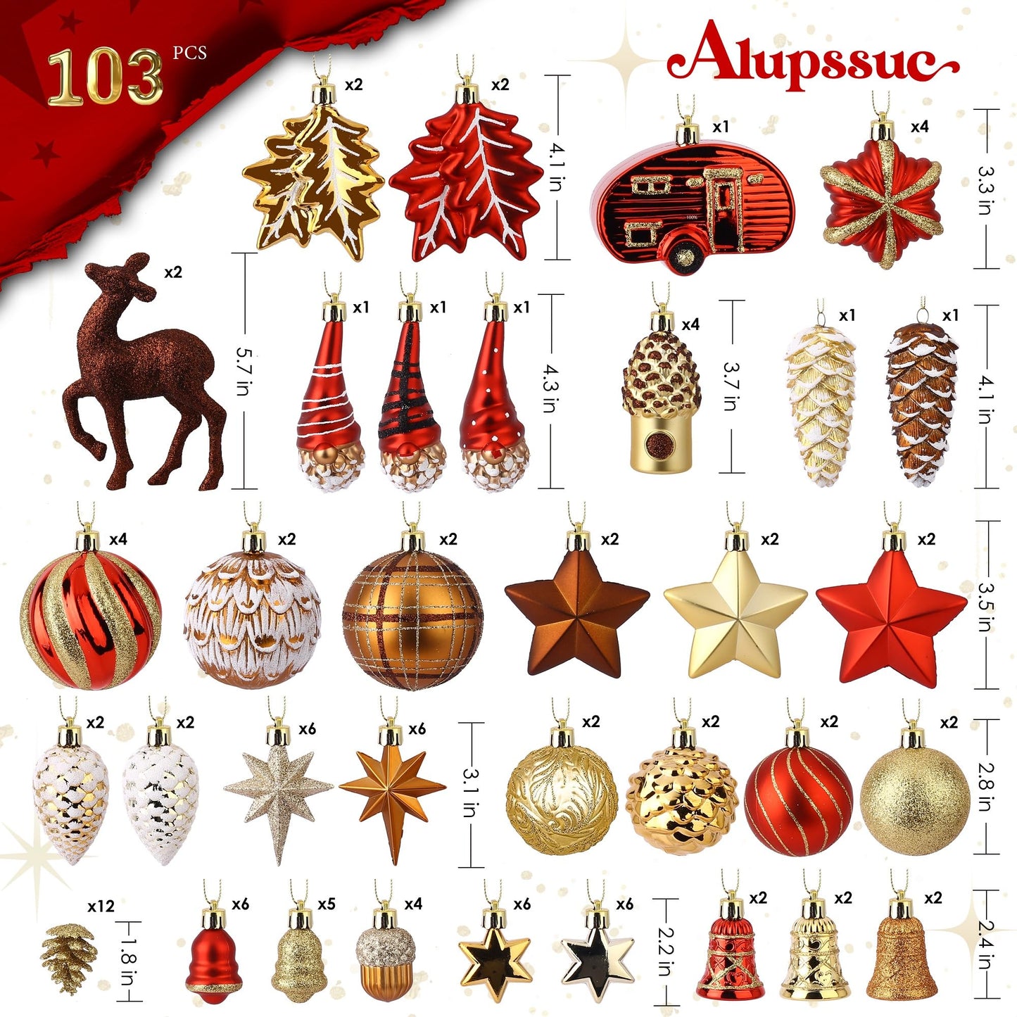 Alupssuc 103pcs Christmas Balls Ornaments Set, Gnome Christmas Tree Decorations with Hanging Strings, Shatterproof Plastic Baubles for Xmas Tree Holiday Wedding Party Decorations, Red, Bronze and Gold