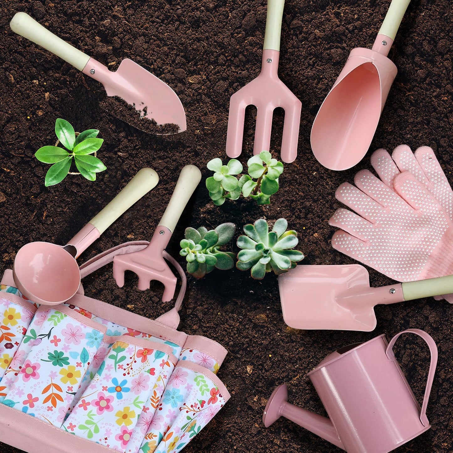 Qtioucp Kids Gardening Set 14Pcs Garden Tools with Tote Bag,Watering Can, Shovel, Apron, Garden Book and More Educational STEM Learning Outdoor for Toddlers Boys Girls (Floral)