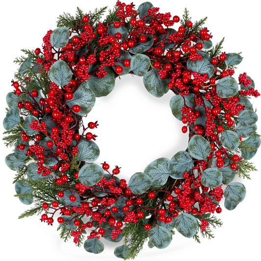 WSTPUPU Artificial Christmas Wreath 22inch Christmas Wreaths for Front Door Xmas Red Berry Wreath with Eucalyptus Leaves Pine Needles Red Berries for Wall Farmhouse Window Winter Holidays