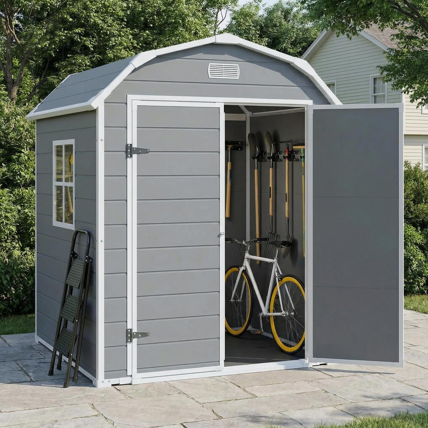 6x4.5 ft Resin Storage Shed with Floor, Outdoor Garden Shed for Backyard, Large Plastic Storage Shed with Double Doors, Weatherproof Tool Shed for Bike, Patio, Lawn