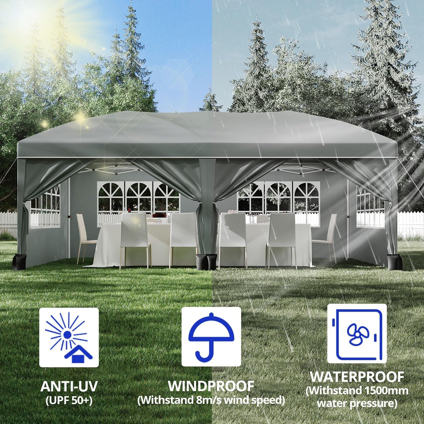 10x20FT Pop Up Wedding Party Tent with 6 Sidewalls, Heavy Duty Commercial Outdoor Canopy Gazebo, All Season Wind & Waterproof with Storage Bag, Gray