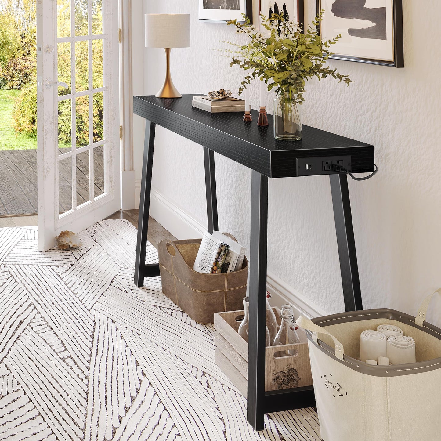 Huuger Entryway Console Table with Charging Station, USB-C Port, 47.2 Inch Sofa Table with Metal Legs, Entry Hallway Table with Thicker Desktop, Modern Behind Couch Table, Black