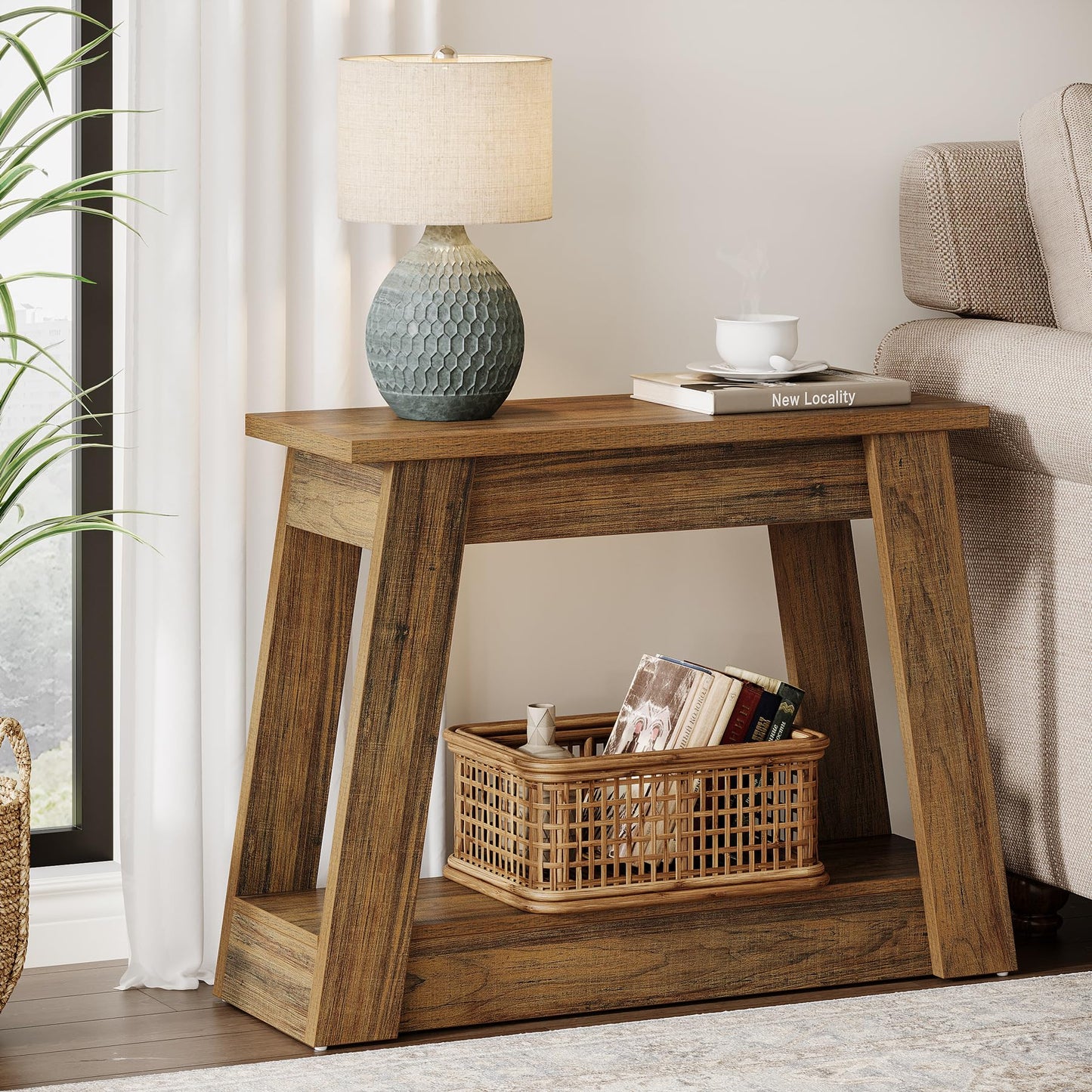 Tribesigns Wood End Table, Small Side Table with 2 Storage Shelves, Rustic Accent Narrow Nightstand for Living Room, Bedroom (1, Rustic Brown)