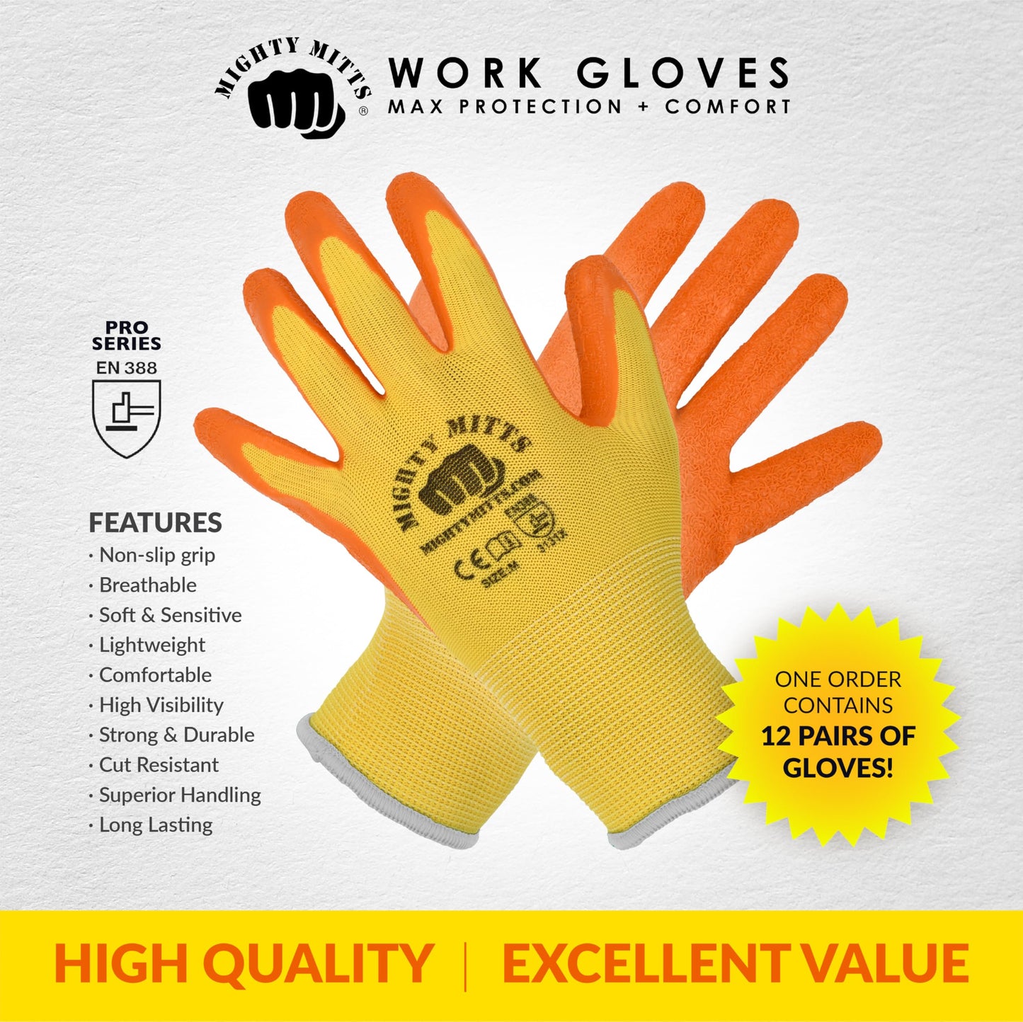 Cut-Resistant Work Gloves with Latex Grip (12 Pack) – Durable Safety Gloves for Construction, Landscaping, Gardening & Warehouse Work - Medium - Mighty Mitts Safety Work Gloves