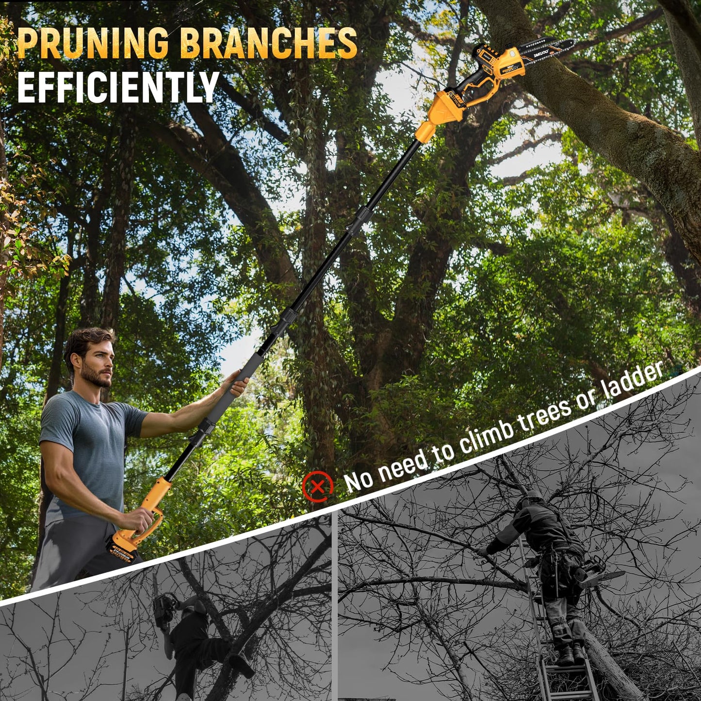 Takuoo 2-IN-1 8 Inch Electric Pole Saw, Mini Chainsaw Cordless with Extension Pole, 21V 2×4.0Ah Battery Powered Polesaw, 15FT Max Reach, Brushless Chain Saw for Limb Branch Cutter Tree Trimming
