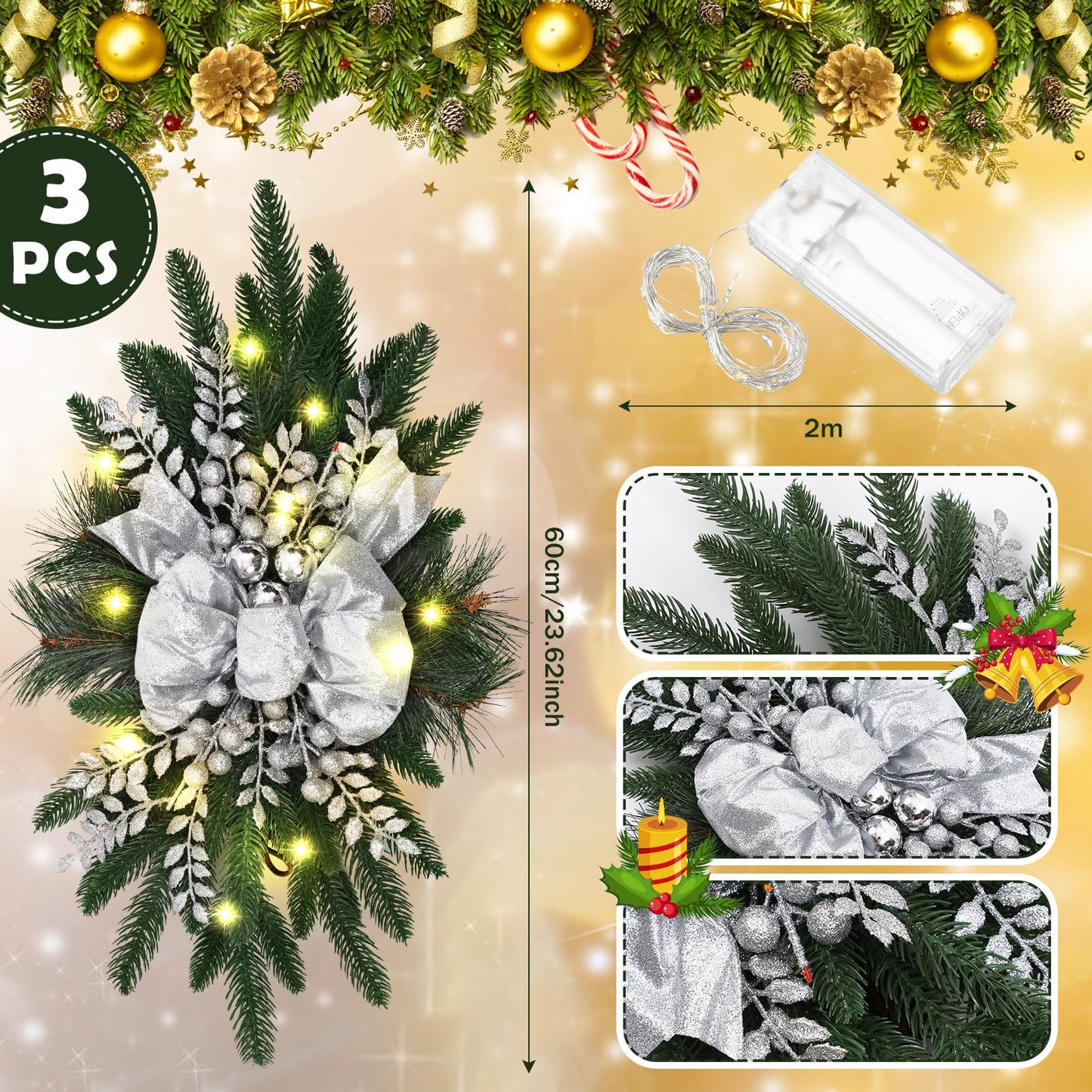 Hiboom 3 Pack Artificial Christmas Teardrop Swags 24" Xmas Cordless Prelit Stairway Swag Christmas Garland Stairs Rails Decoration with LED Lights for Indoor Outdoor(Silver,Classic Style)