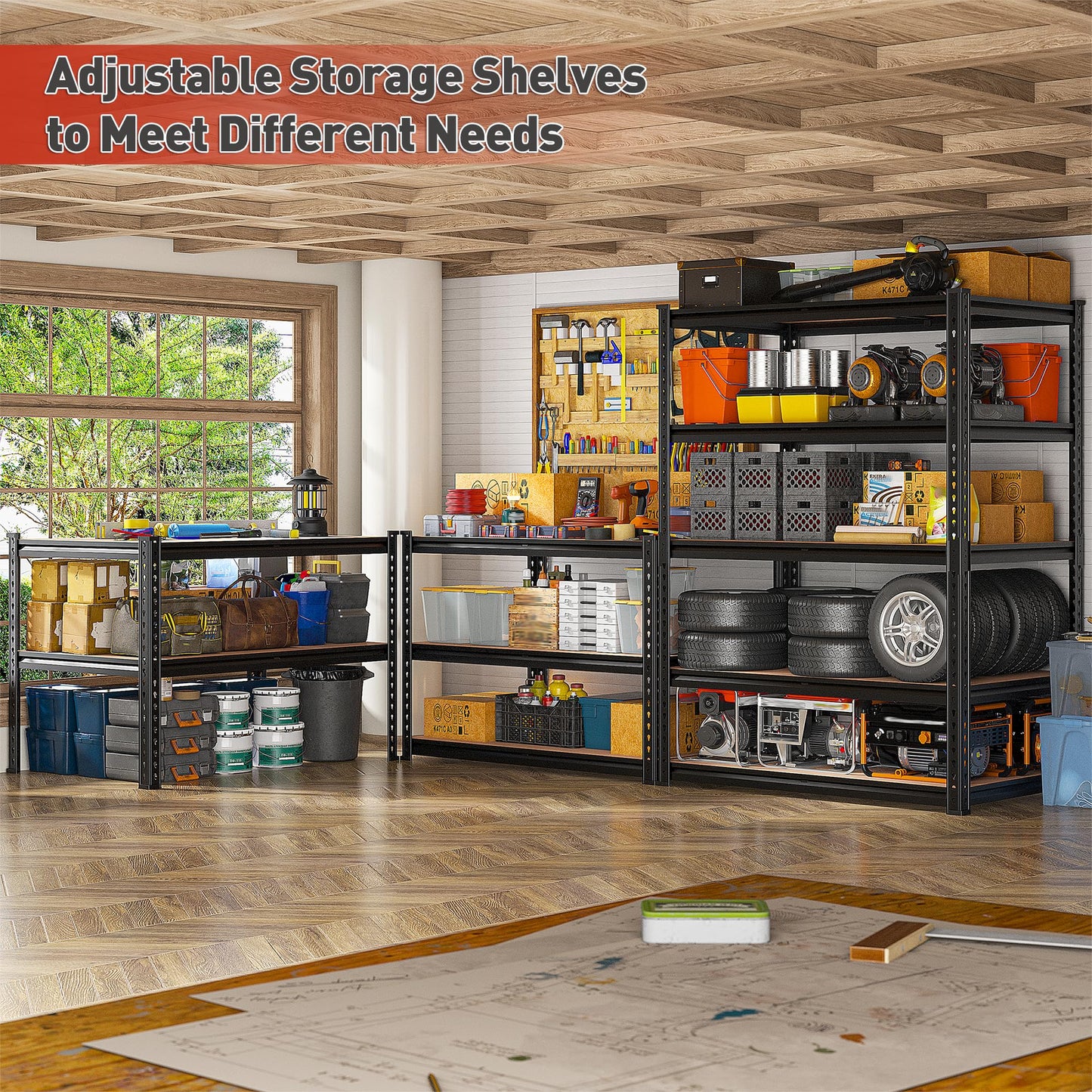 REIBII 2400LBS Storage Shelves 5 Tier Garage Shelving Heavy Duty, Adjustable Metal Shelving Unit, Garage Shelves for Basement, Warehouse, Pantry, Closet, Kitchen 72" H x 35.55" W x 16" D, Black
