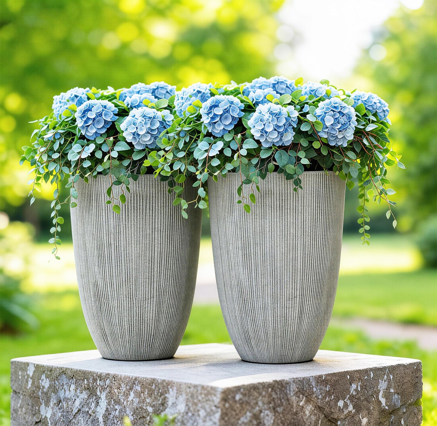 Ultym 19" Tall Planter for Indoor Outdoor Plants, Set of 2 Large Flower Pot with Drainage Hole, Weather/UV-Resistant Resin Planters for Garden Patio Porch Home office Decor, Mediterranean Beige Fluted