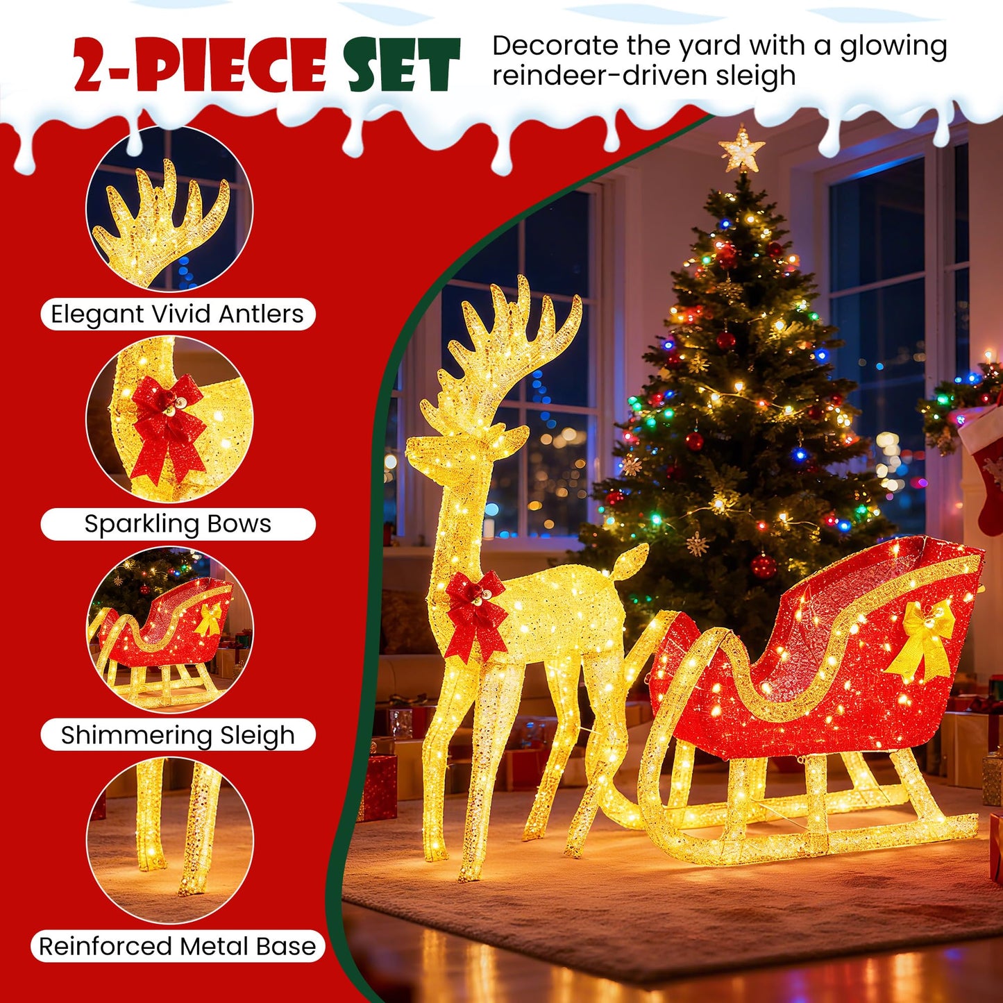 Sweetcrispy 4 FT Lighted Christmas Reindeer & Santa Sleigh Set, Family Outdoor Indoor Xmas Pre-Lit Yard Decoration w/ 180 LED Lights, Holiday Deer & Sled for Garden Lawn Patio Display, Gold-Red