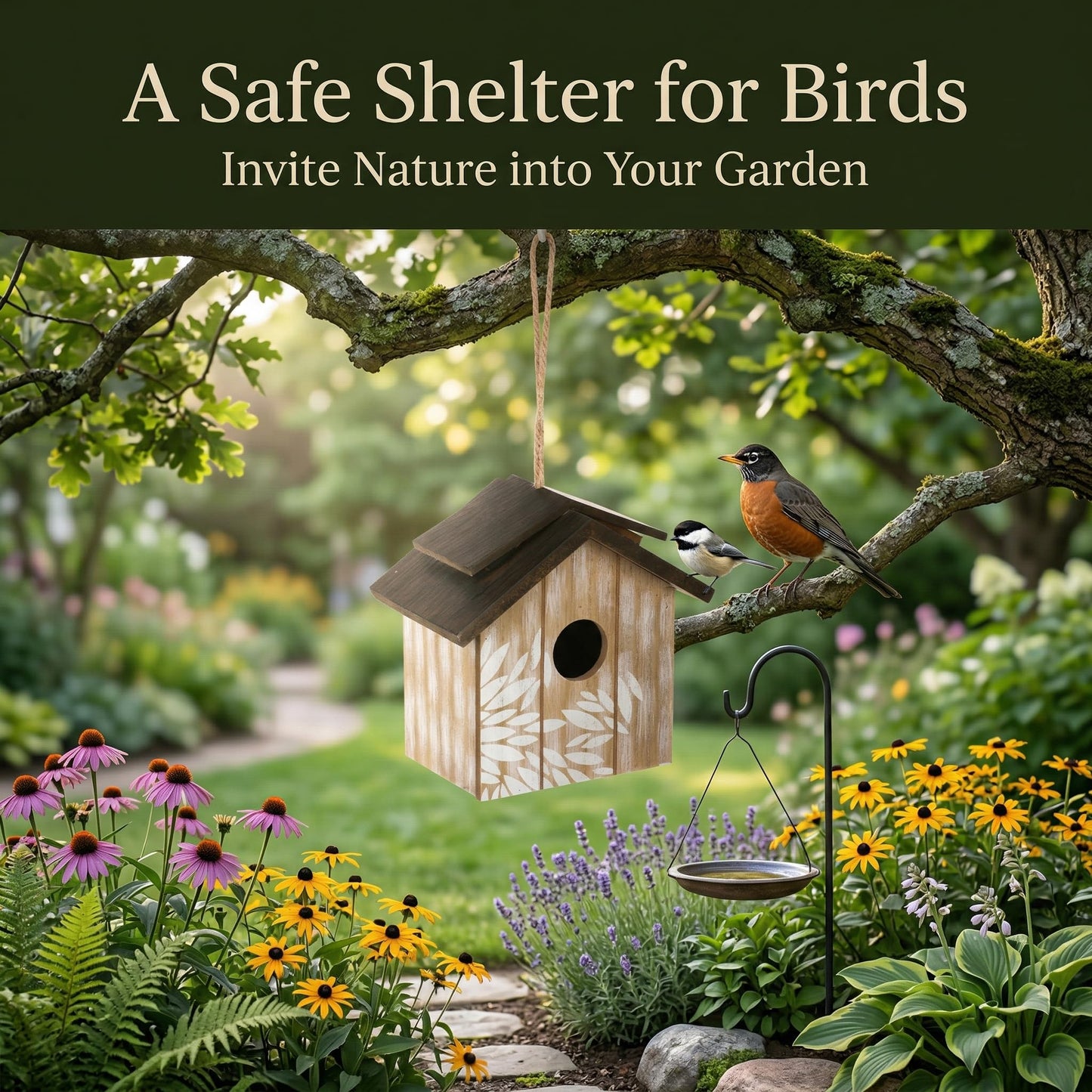 Topadorn Wooden Bird House Hanging Outdoor,Eco Friendly Materials and Decorative with Leaves Printed