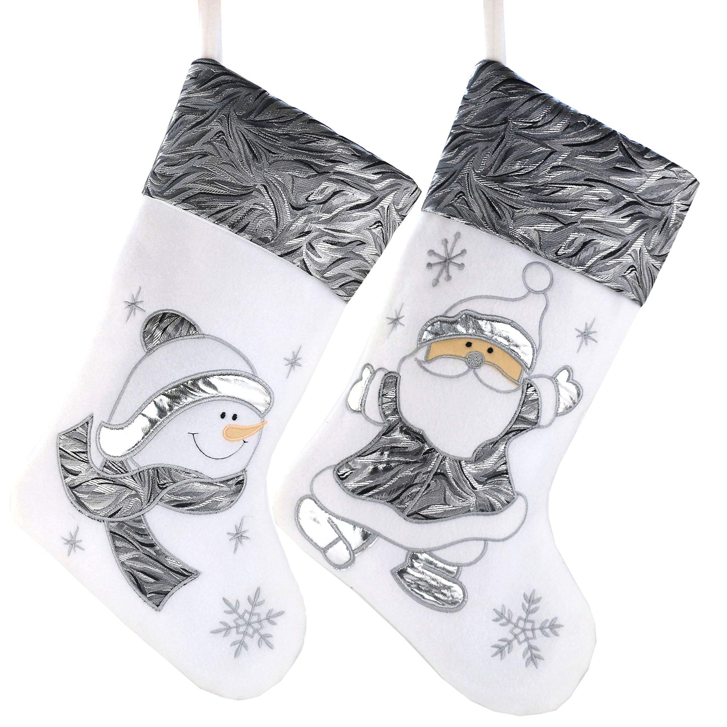WEWILL Classic White Silvery Christmas Stockings Set of 2 Santa, Snowman Xmas Character Fireplace Hanging Stockings 17 inches for Holiday Party Family