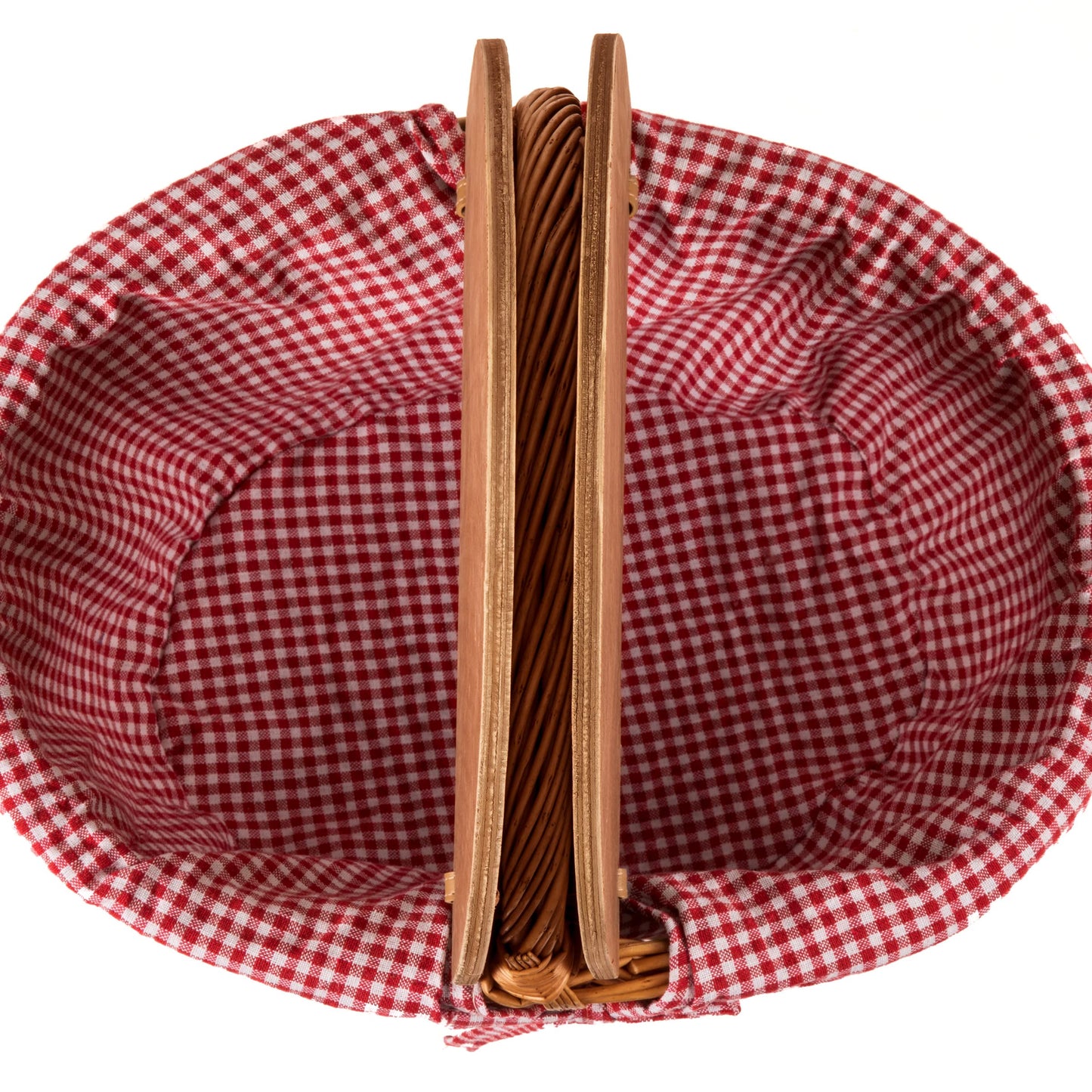 PICNIC TIME Country Picnic Basket, Sturdy Woven Wicker Basket with Customizable Split-lid Design and Removable and Washable Polycotton Vintage-Style Liner, (Red & White Gingham Pattern)