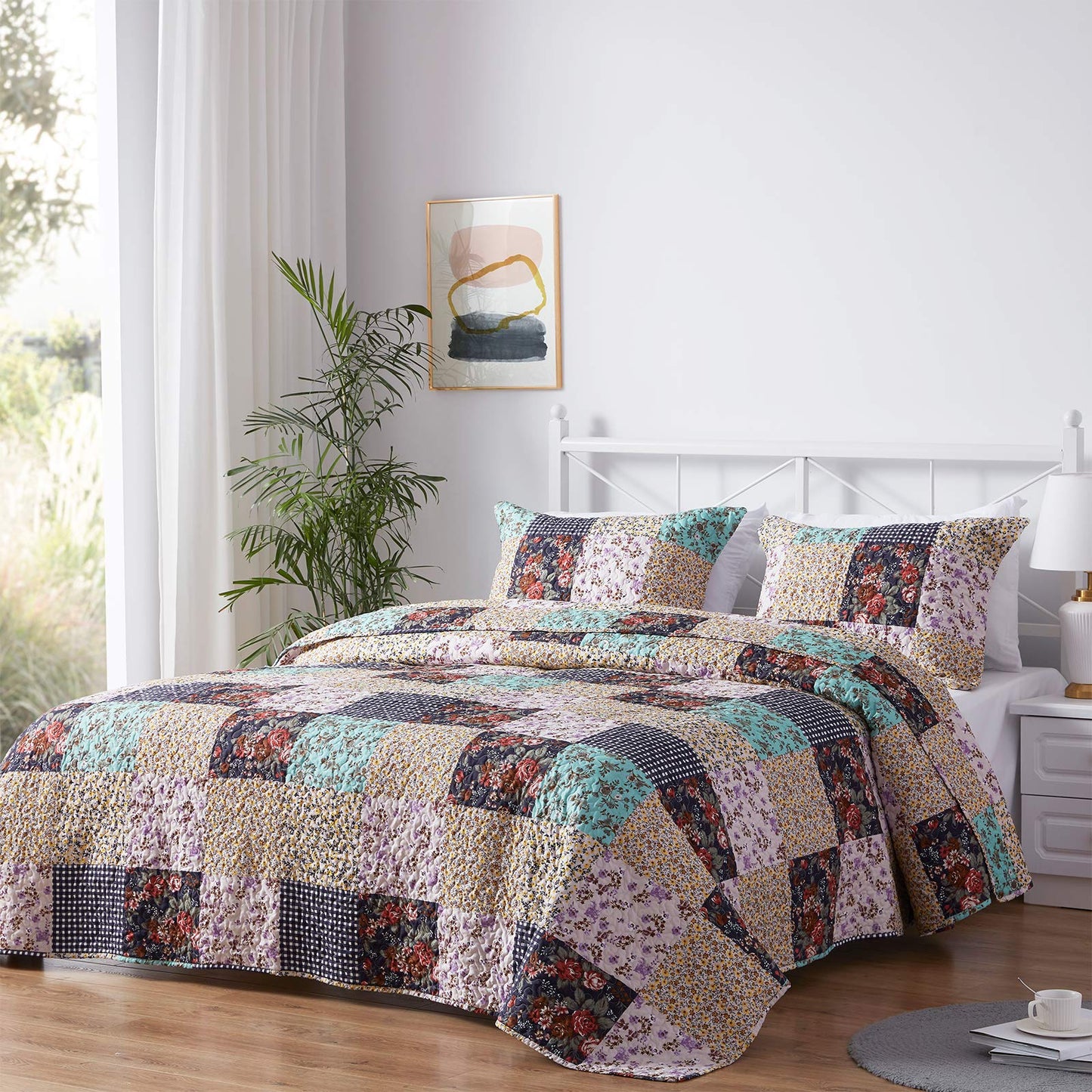 SunStyle Home Patchwork Quilt King Size, Soft Durable Quilted Bedspread Lightweight Comforter Reversible Boho Printed Bed Coverlet Blanket King Quilt Bedding Set with Pillow Shams for All Season 3Pcs