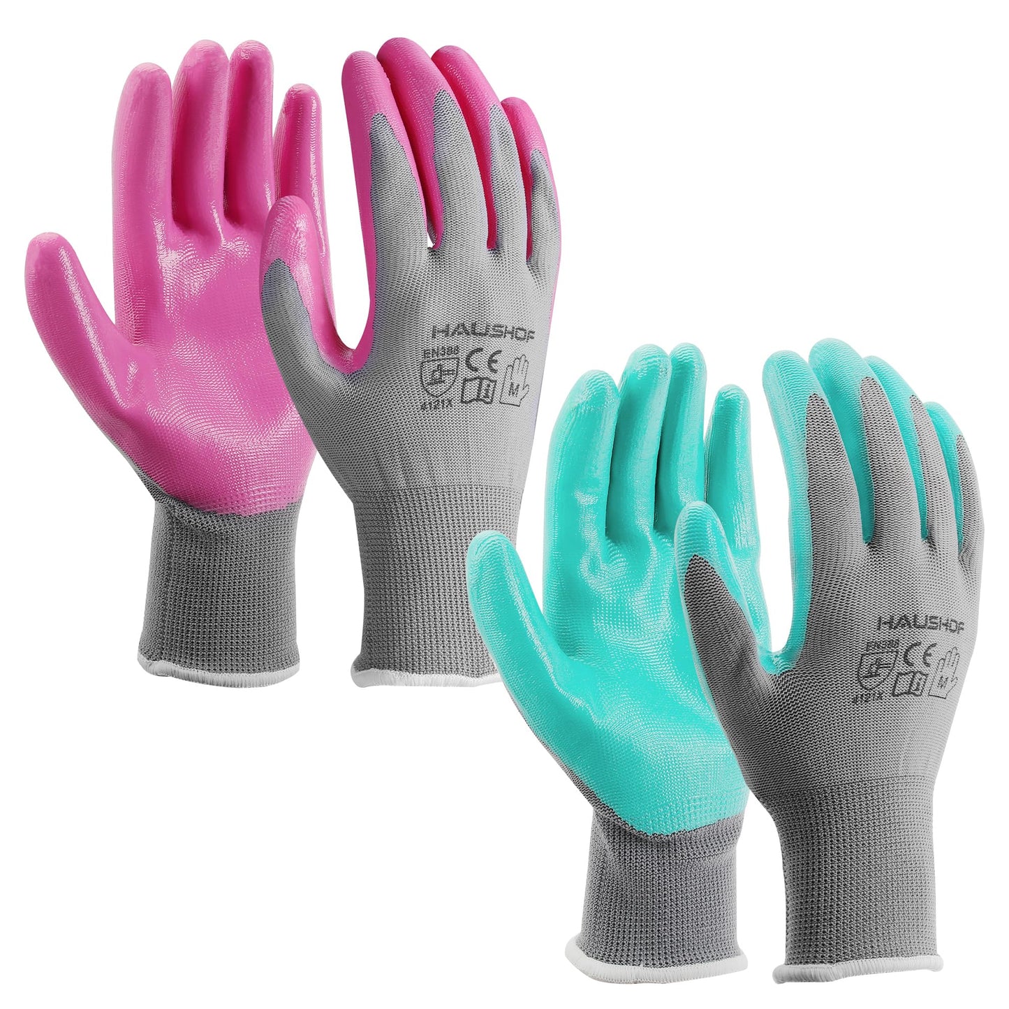 HAUSHOF Gardening Gloves for Women Ladies Thorn Proof 6-Pairs Work Gloves, Women's Breathable Garden Gloves Nitrile Coated with Texture for Yard Work, Pink & Green Large Size