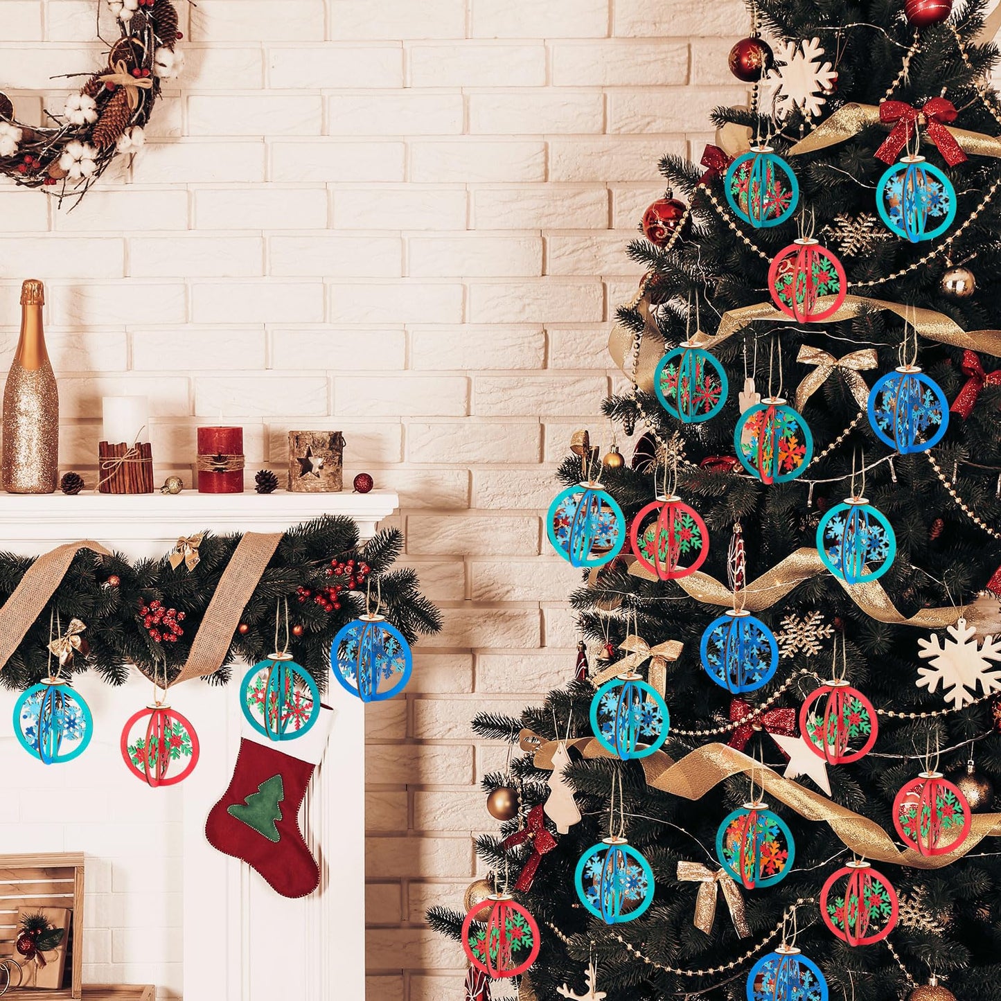 Chunful 24 Pcs DIY Christmas Wooden Ornaments 3D Unfinished Wood Crafts to Paint Christmas Hanging Cutouts Blank Hollow Wood Santa Reindeer Snowman Slice for Xmas Tree Decorations(Snowflake)
