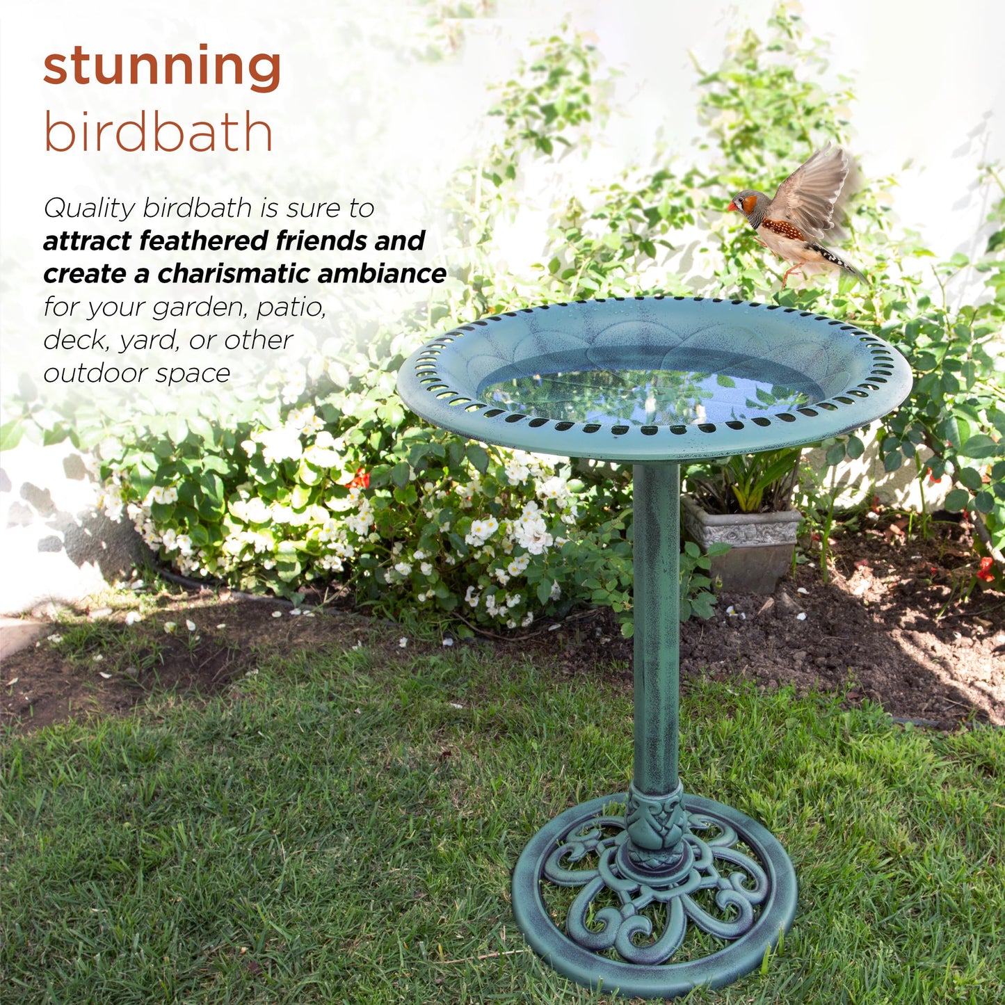 Alpine Corporation TEC116 Outdoor Aged Green Pedestal Birdbath with Scrollwork, 28" Tall, Green