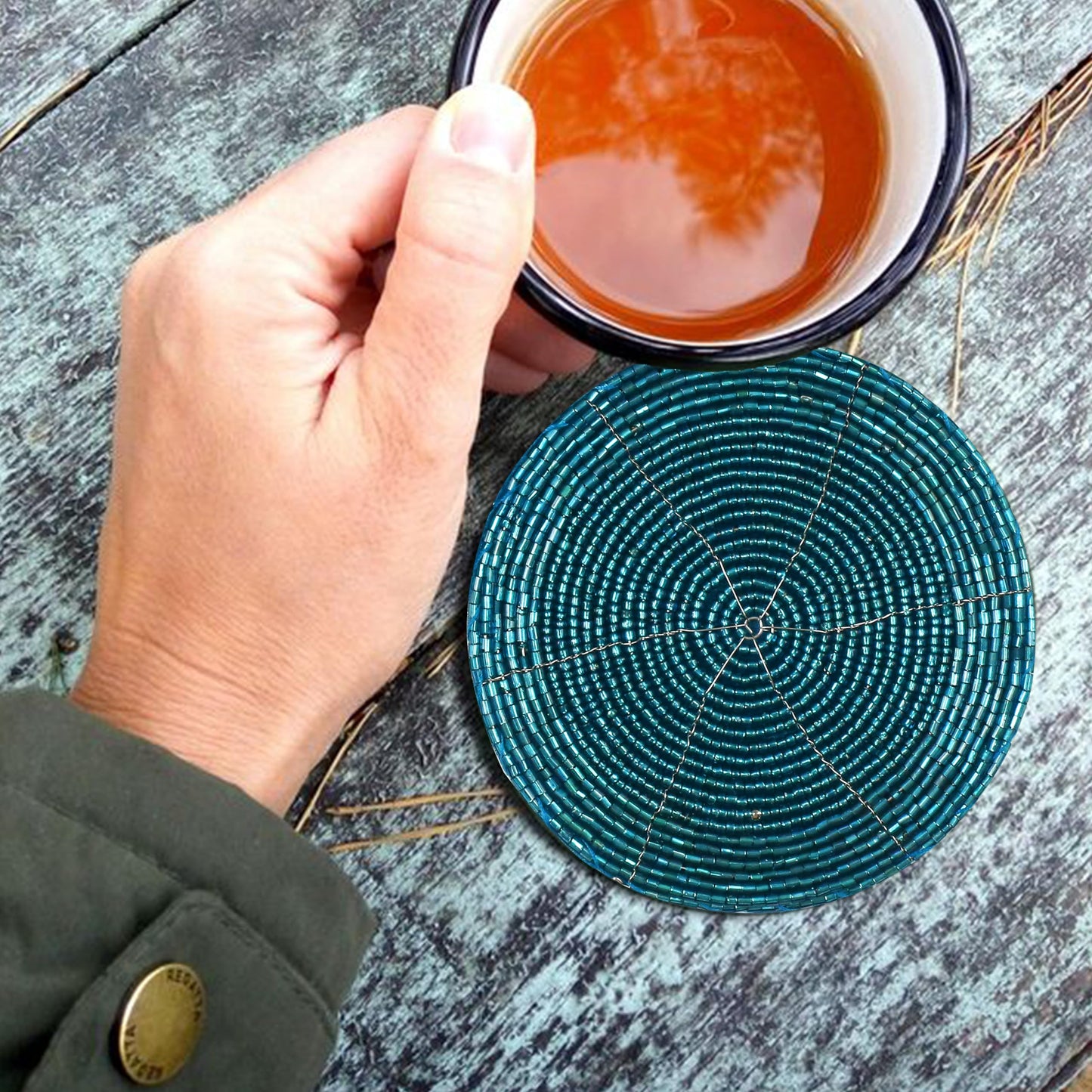 Handmade Beaded Coasters Set of 6, Teal Blue Circular Pattern Decorative Drink Coasters for Coffee Table, Dining Room Table, Wedding Party, Birthday Gift - 4 Inch - Teal