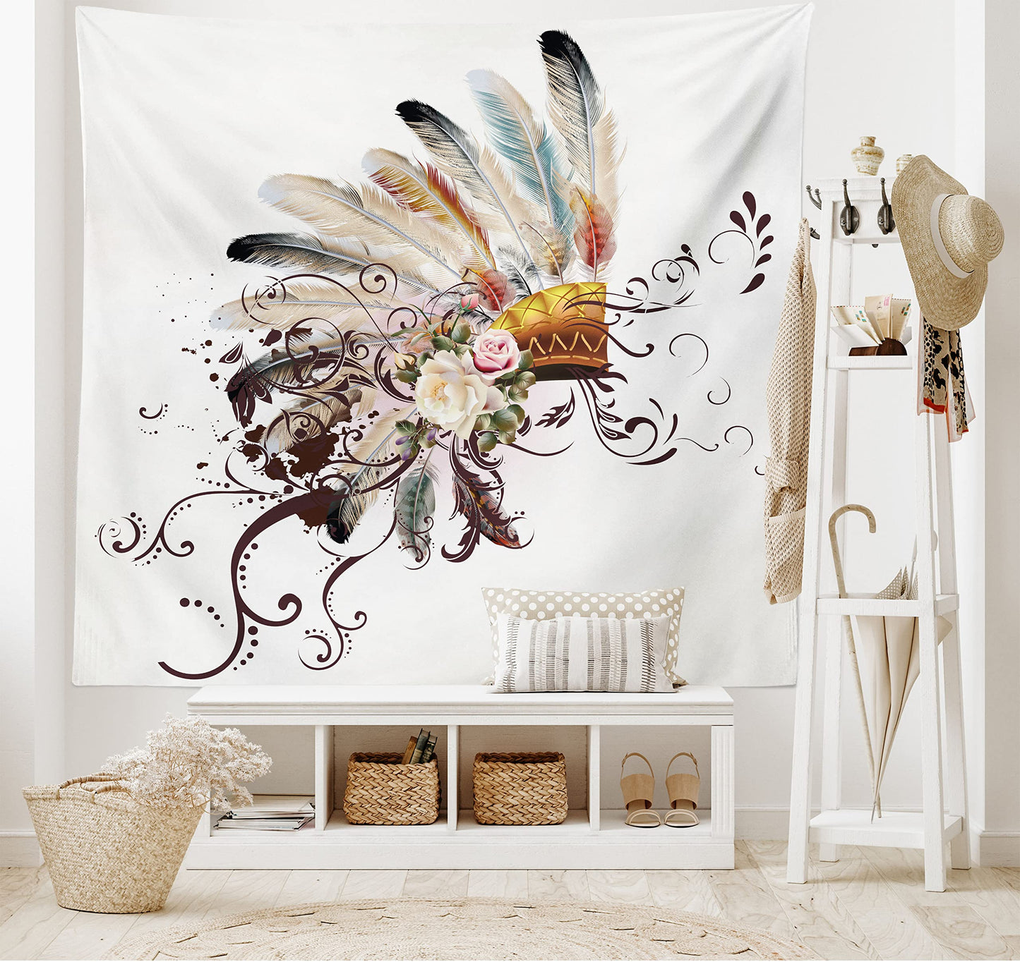 Ambesonne Feather Tapestry, Floral Arrangements Head Wear Flowers Swirls Shapes, Wide Wall Hanging for Bedroom Living Room Dorm, 60" X 40", Cream Ivory