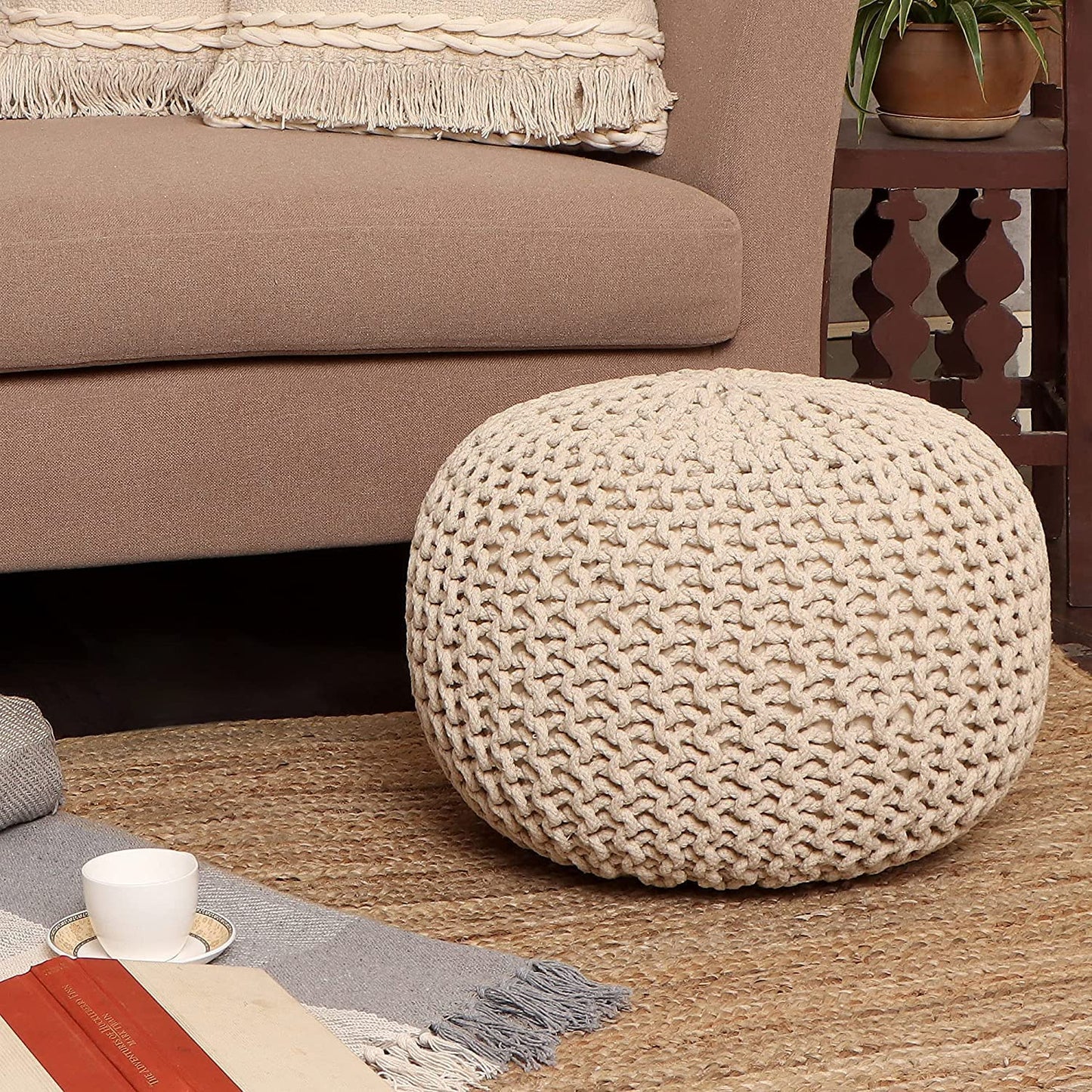 REDEARTH · Round Pouf Ottoman - Cable Knitted Boho Poof - Home Décor Cord Pouffe Handmade Circular Footrest for Living Room - Bedroom - Kids Bedroom - 100% Cotton Pouf (18" x 18" x 14") - Ivory