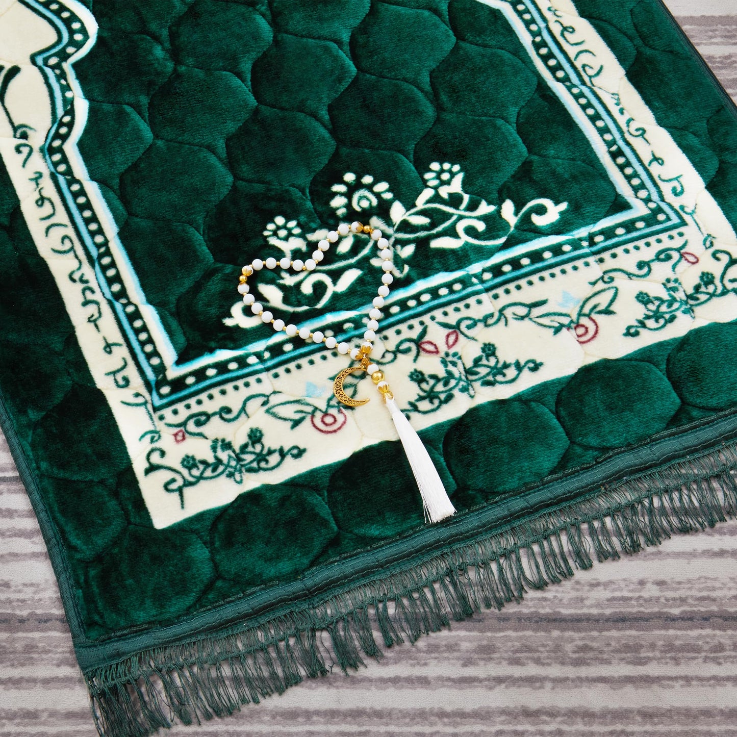 YAZEIN Muslim Prayer Rug with Tasbih Prayer Beads, Soft Large Prayer Matt Islam, Padded Islamic Prayer Mat Thick for Men and Women, Janamaz, Sajadah (31.5" x 47.2", Green)