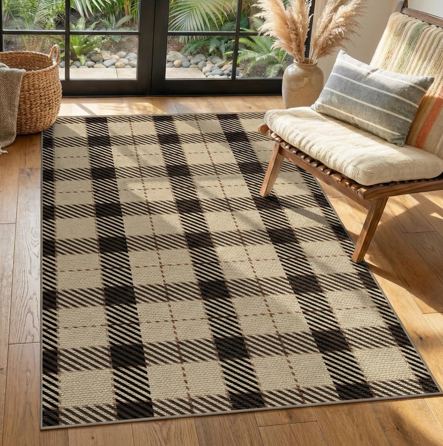 Washable Plaid Indoor Outdoor Rug 3x5 for Front Porch, Entryway, Patio, No Shed Easy Jute Non Slip TPR Backing Area Rug for Large Kitchen, Farmhouse Black & Tan Checkered Seegrass Aesthetic