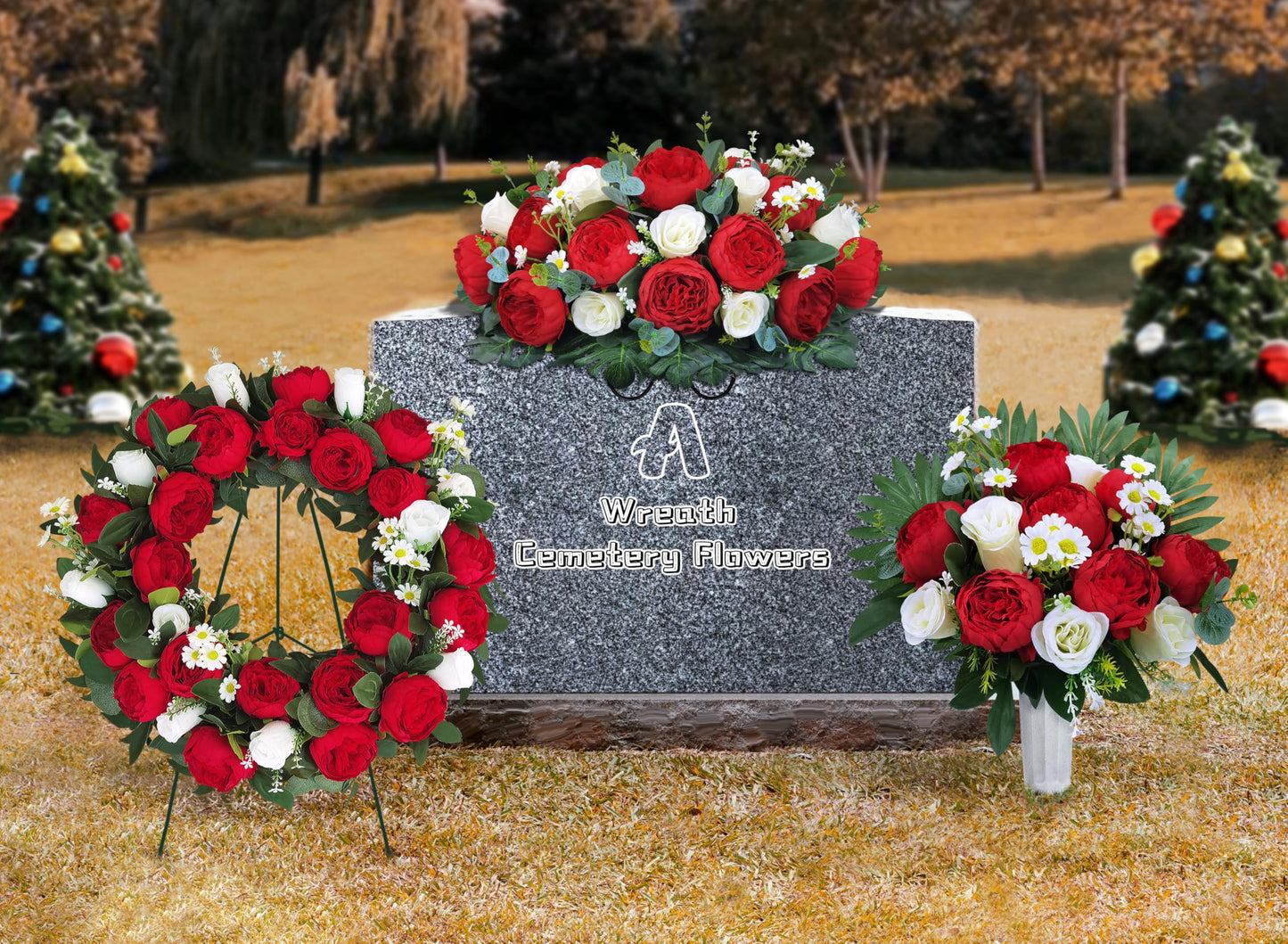 AILVEMEE Cemetery Wreaths for Graves,Christmas Wreath for Cemetery,Memorial Day Grave Wreath,Headstone Wreaths on Metal Stand,Spring Artificial Flower Wreath:Red Peony,White Rose