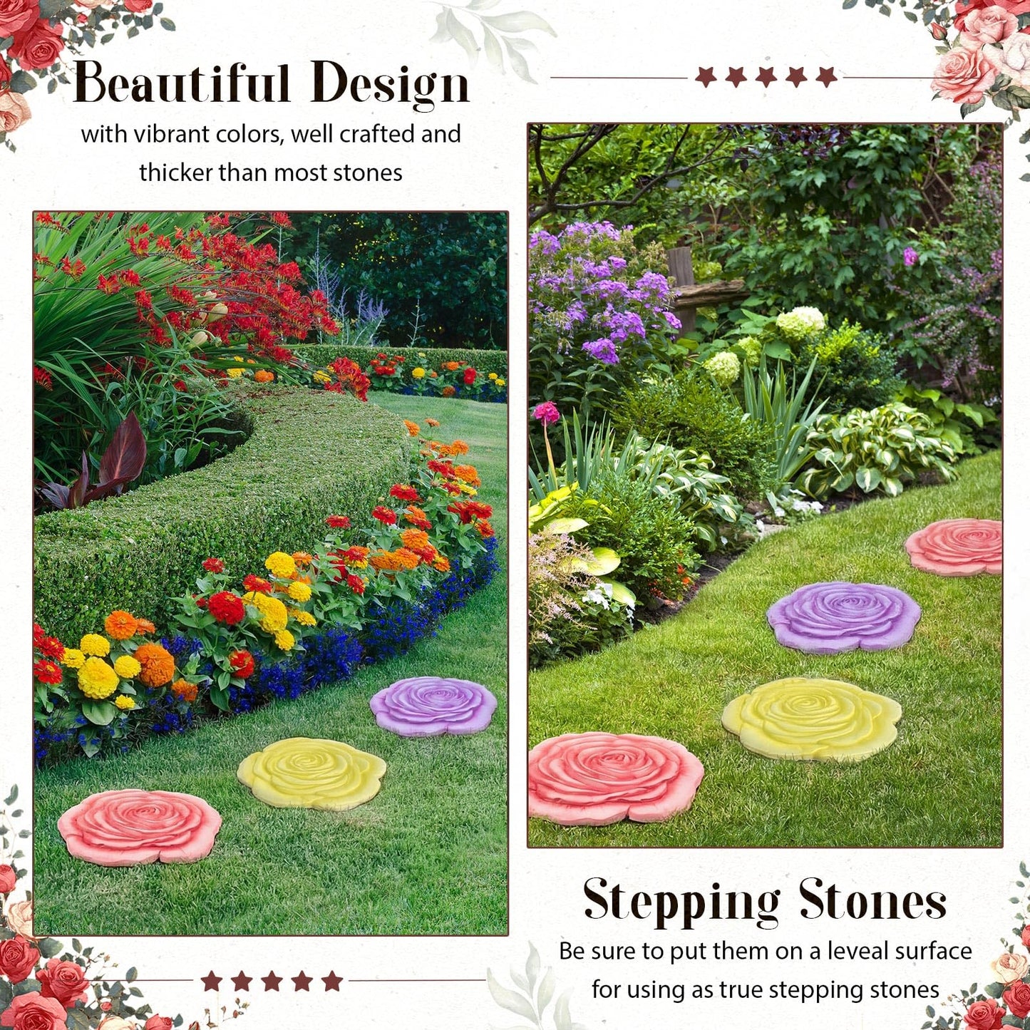 Cinnvoice 3 Pack Garden Stepping Stone Outdoor, Decorative Dimensional Resin Stepping Stones for Patio Pathway Landscaping Walkway Sculpture Yard Backyard Lawn(Rose,10 Inches)