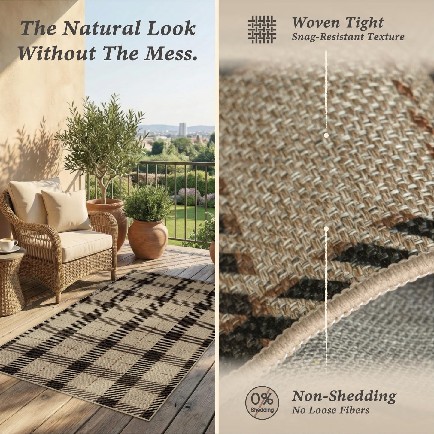 Washable Plaid Indoor Outdoor Rug 3x5 for Front Porch, Entryway, Patio, No Shed Easy Jute Non Slip TPR Backing Area Rug for Large Kitchen, Farmhouse Black & Tan Checkered Seegrass Aesthetic