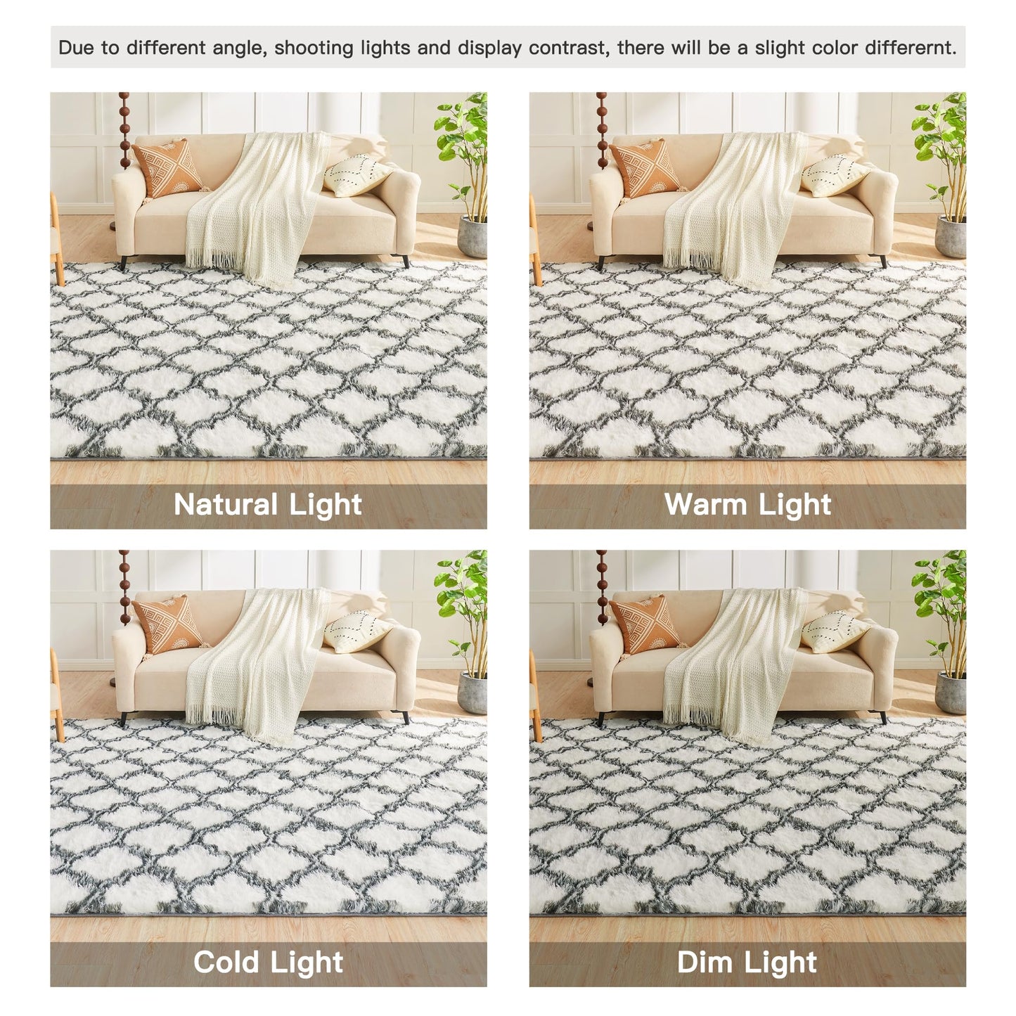 Litanika 4x6 Geometric Shag Area Rug for Bedroom, White and Grey High Pile Ultra Soft Plush Shaggy Furry Bedside Playroom Dorm Carpet, Non-Slip, Non-Shedding Indoor Floor Rug